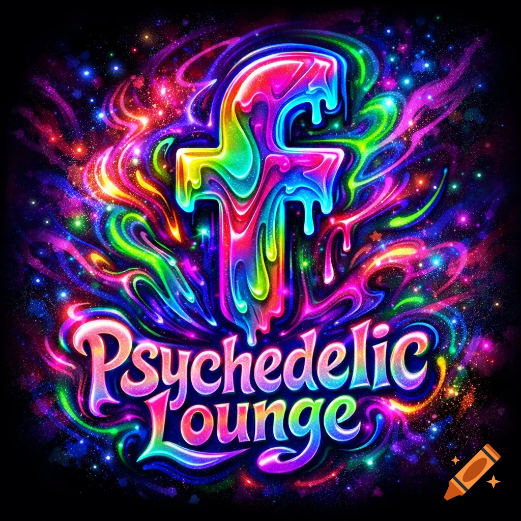 A vibrant, colorful psychedelic dripping 'F' logo with the text "Psychedelic Lounge" surrounded by sparkling cosmic dust.