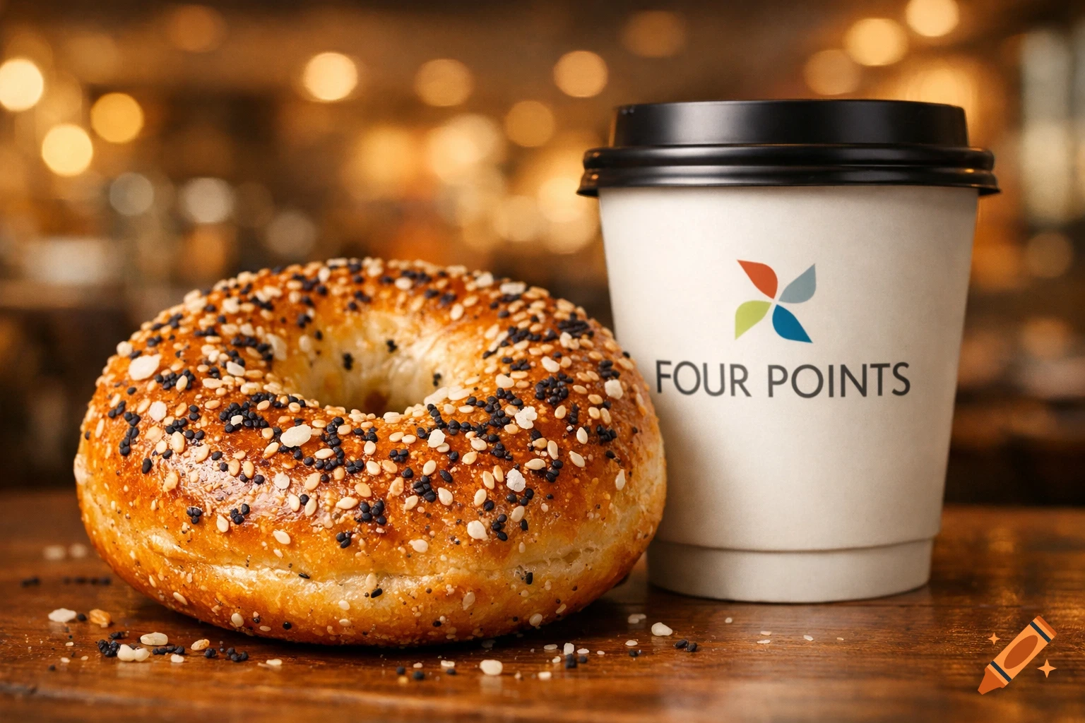 Photorealistic image of an everything bagel next to a Four Points branded coffee cup on a wooden table.