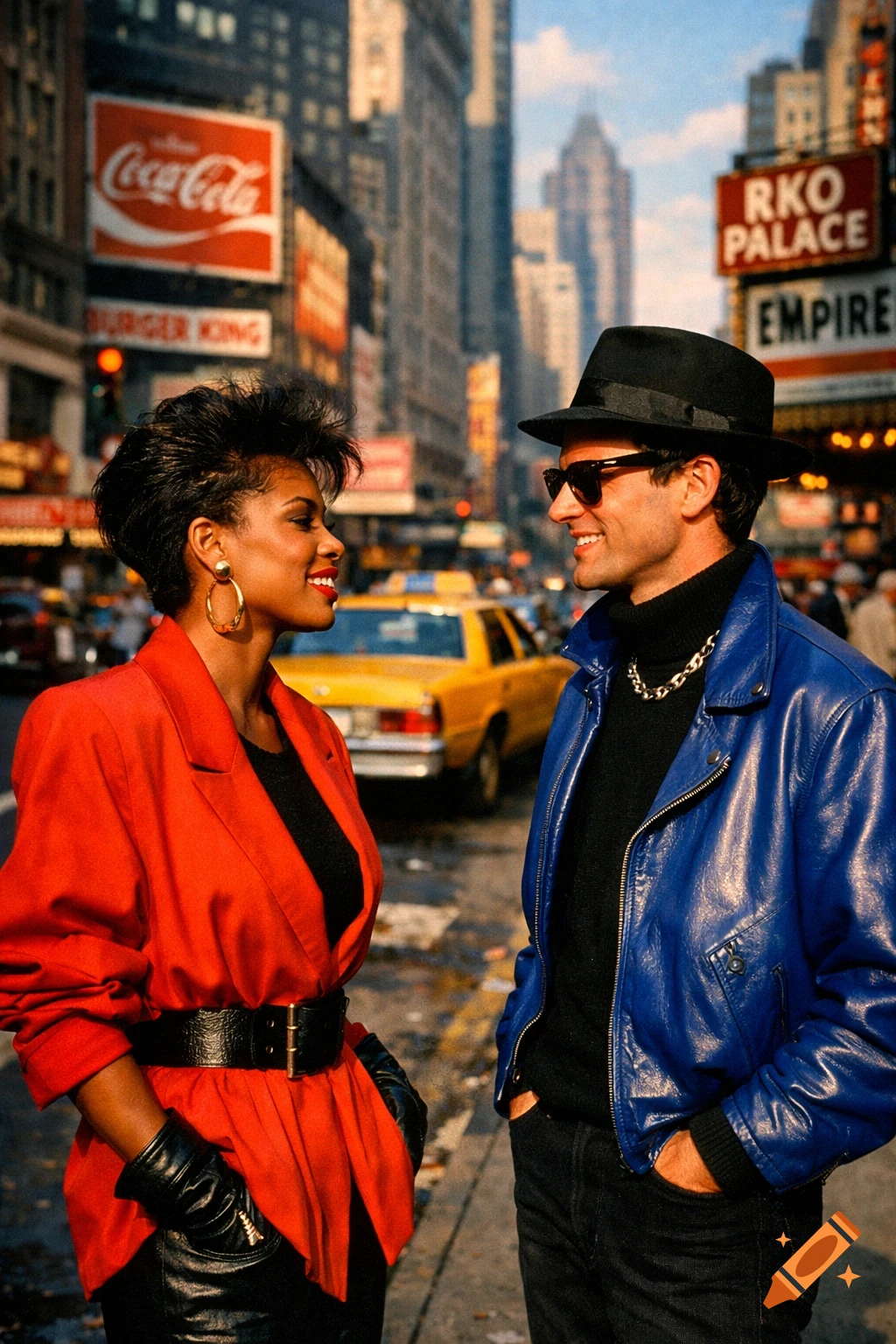 A couple in 80s fashion, red blazer and blue leather jacket, smiles on a sunny Manhattan street with vintage signs.