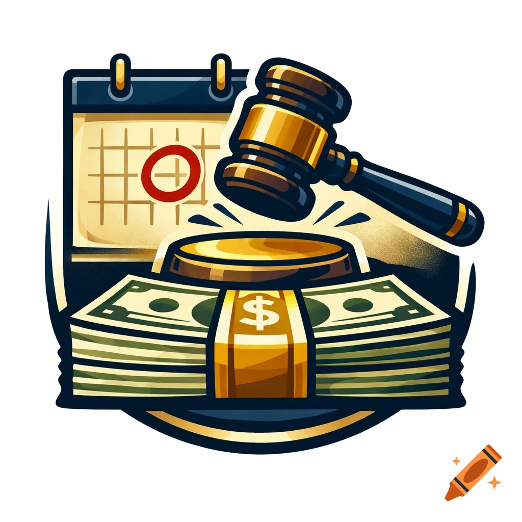 Iconic illustration of a gavel striking a base, a calendar with a circled date, and stacks of money with a dollar sign.