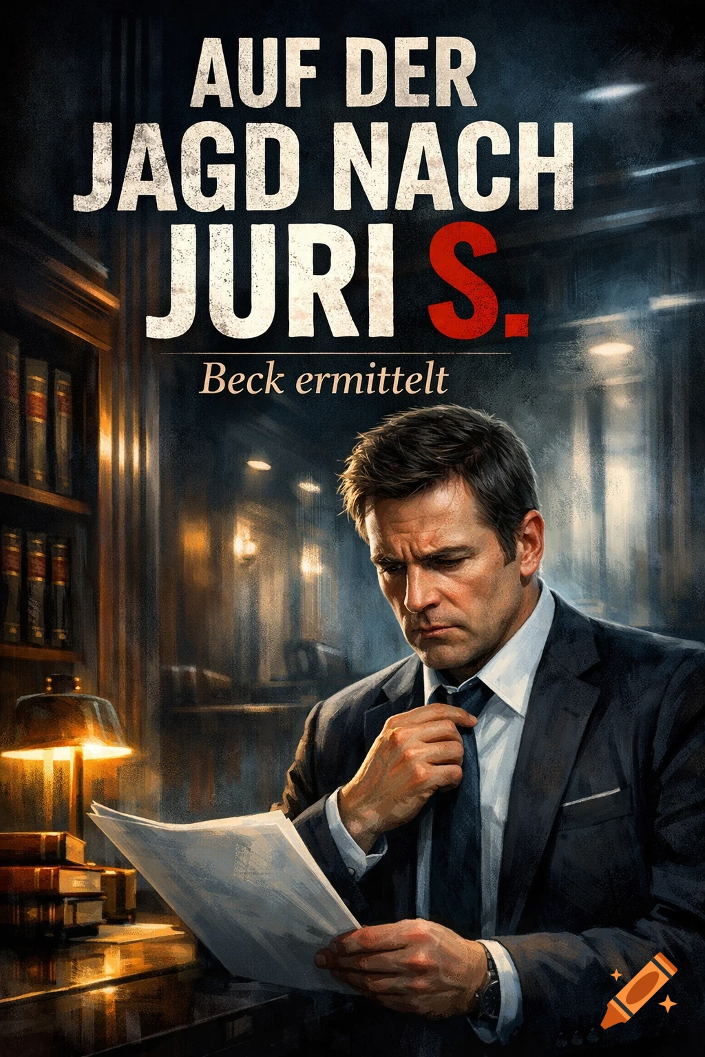 Illustration of a man in a suit adjusting his tie, reading documents in a dimly lit library, featuring a book cover title 'AUF DER JAGD NACH JURI S. Beck ermittelt'.