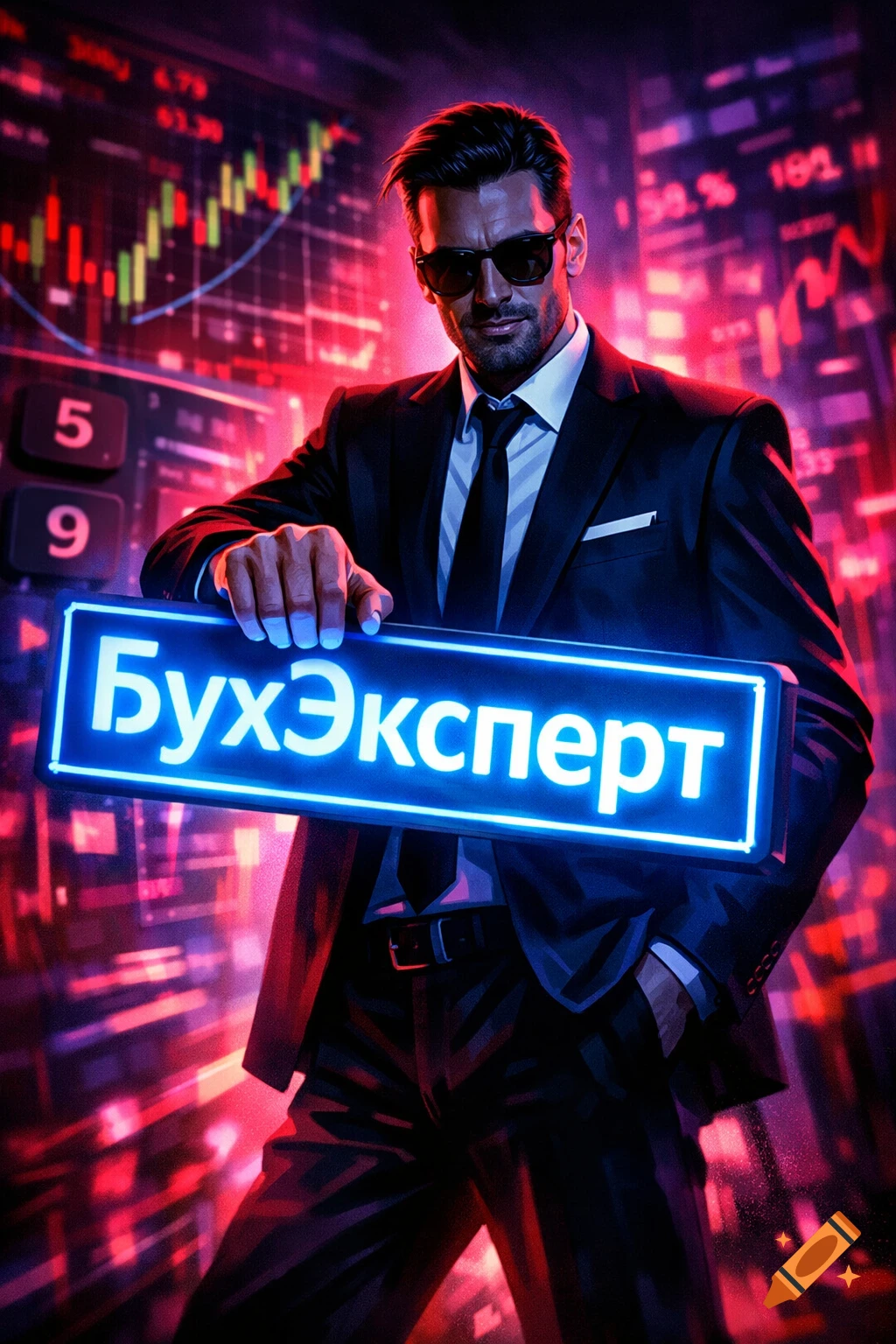 A man in a suit and sunglasses holds a glowing neon sign with Cyrillic text, against a blurred financial chart background in neon-noir style.