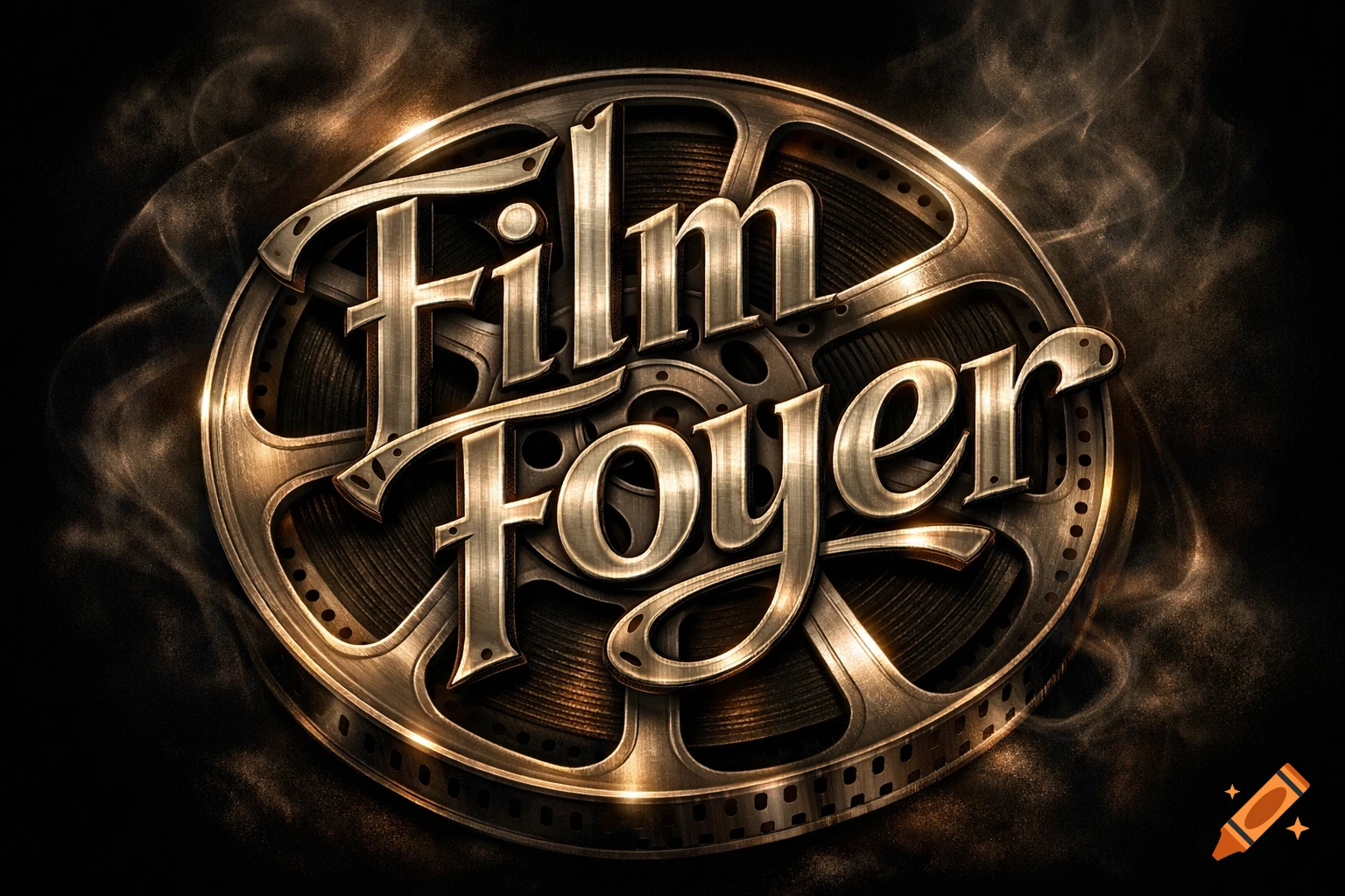 Stylized metallic film reel with "Film Foyer" text, glowing highlights, and smoky effects on a dark background.