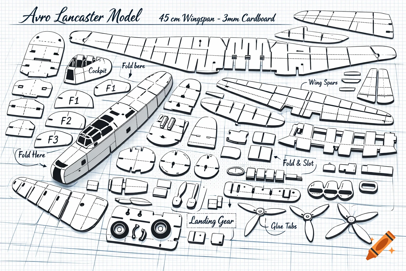 A technical drawing of parts for an Avro Lancaster model airplane, with dimensions and assembly instructions on a grid background.