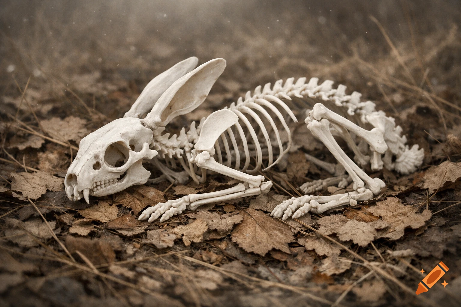 Photorealistic image of a rabbit skeleton lying on a bed of brown autumn leaves and dry grass.