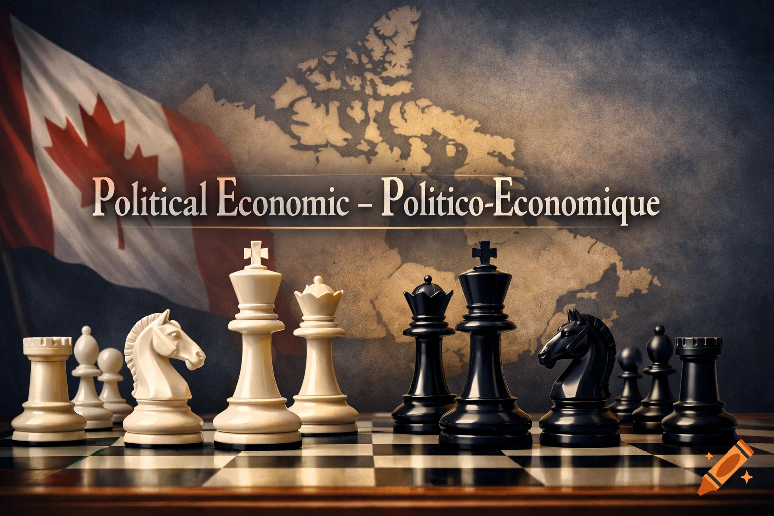 Chess pieces on a board with the Canadian flag and map in the background, titled Political Economic - Politico-Économique.
