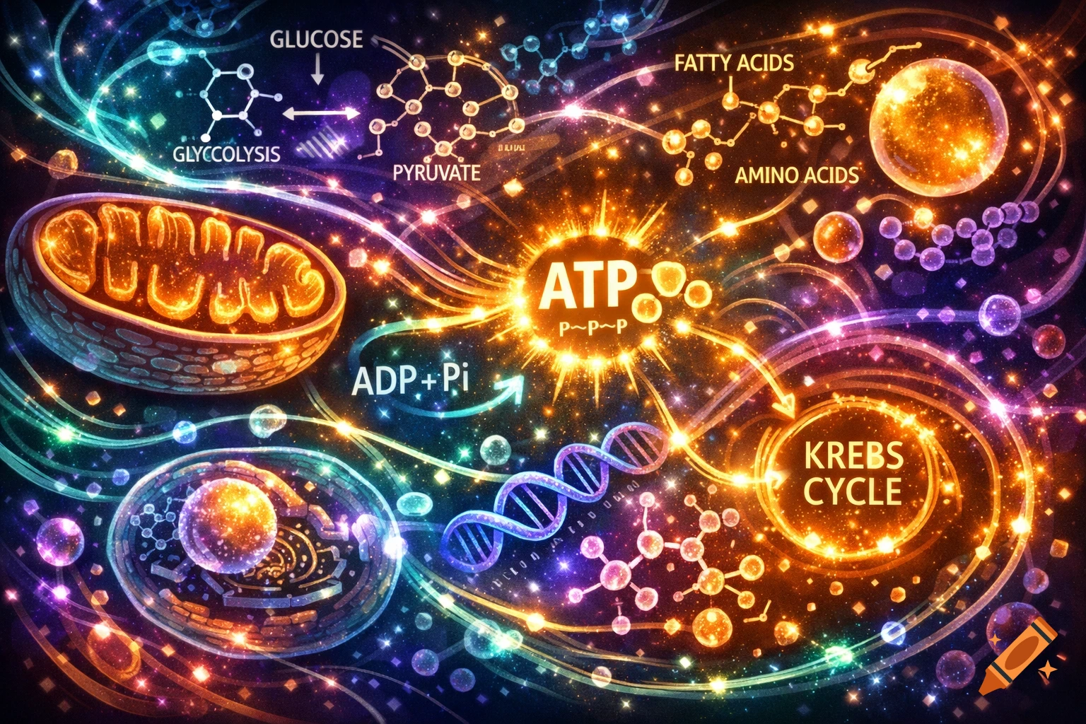 Vibrant, glowing diagram illustrating human metabolism with chemical structures, a mitochondrion, DNA, and labels like ATP, Glucose, and Krebs Cycle.
