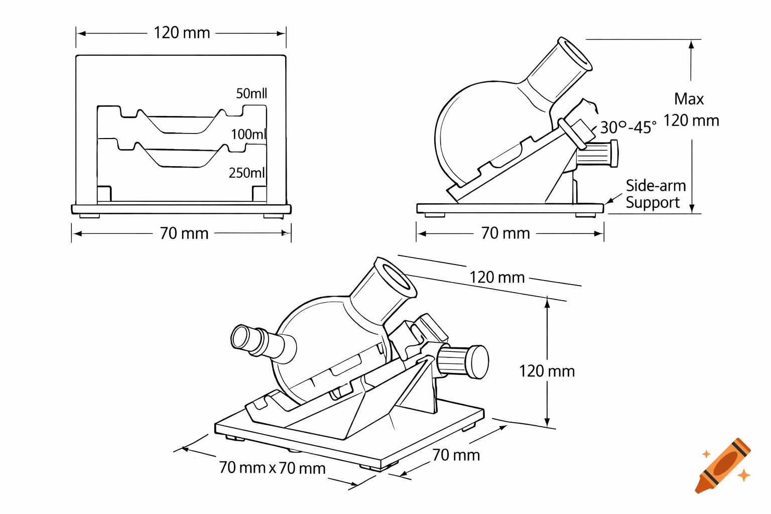 Technical drawing of a laboratory sample holder for Schlenk flasks, with isometric, top, and front views, showing dimensions.