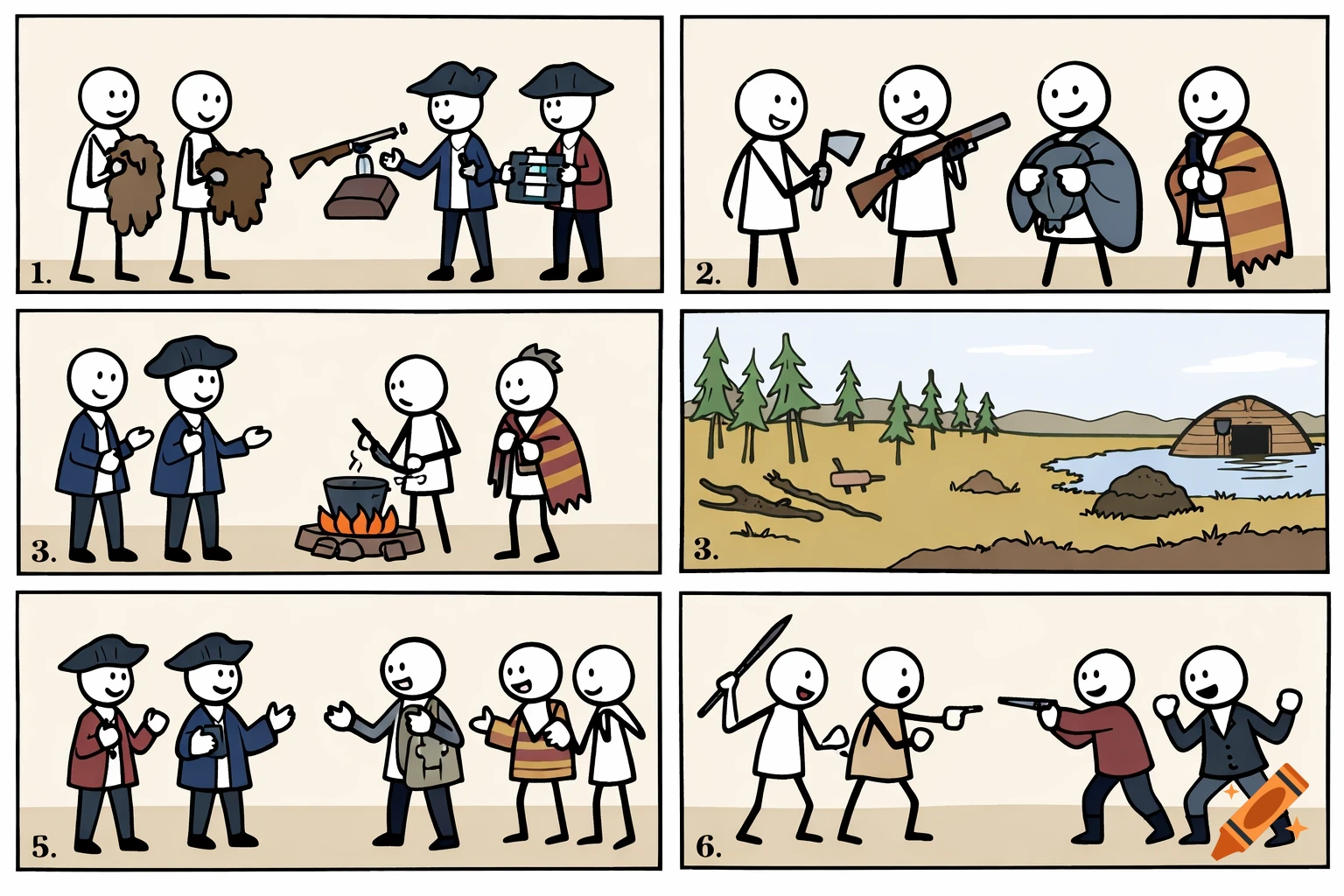 A six-panel stick figure comic strip depicting historical interactions between First Nations and Europeans, showing trade and eventual conflict.