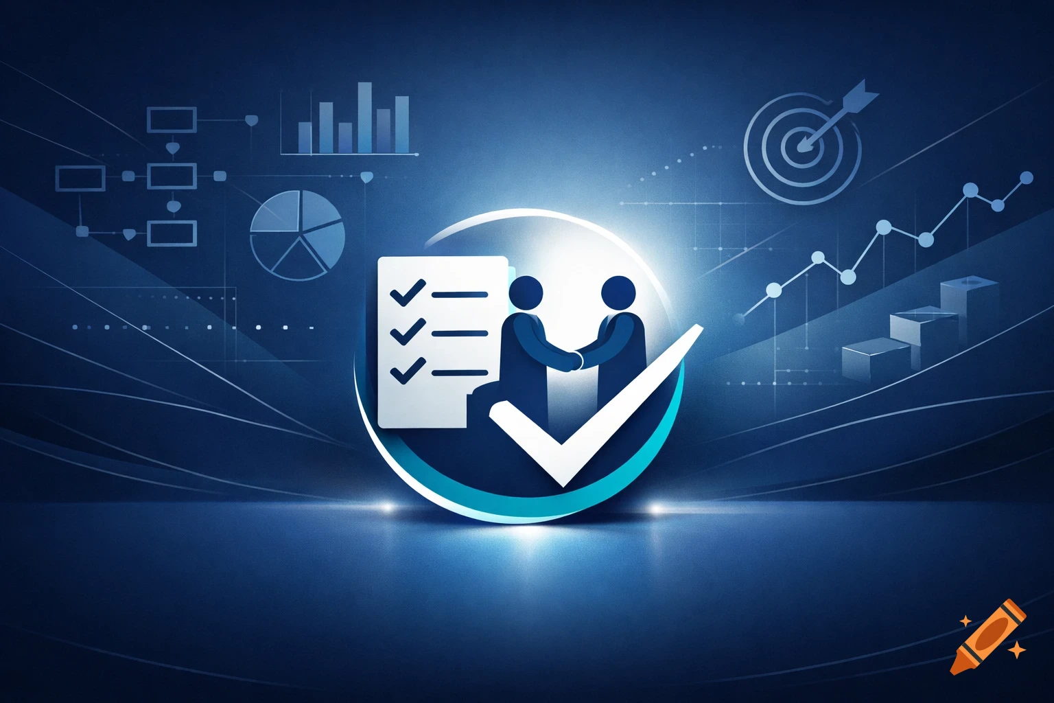 Abstract business illustration with handshake, checklist, and checkmark icon, surrounded by charts and graphs on a blue background.