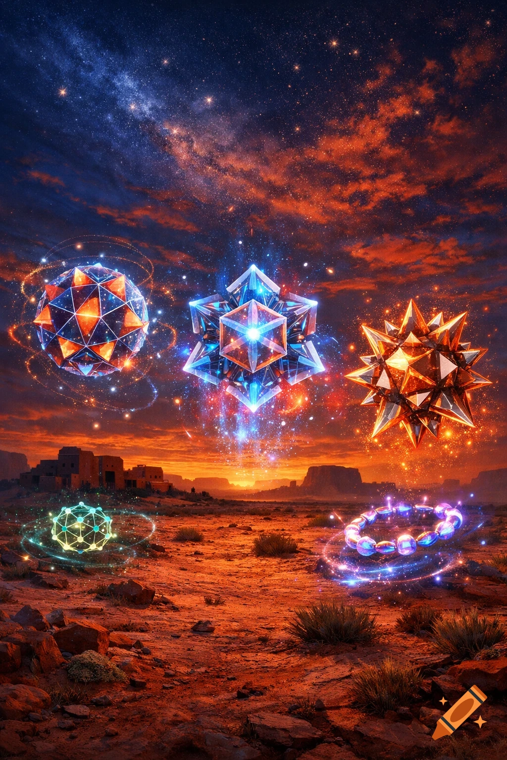 Dramatic cosmic desert landscape with adobe buildings, under a starry sky, featuring glowing geometric crystalline shapes.