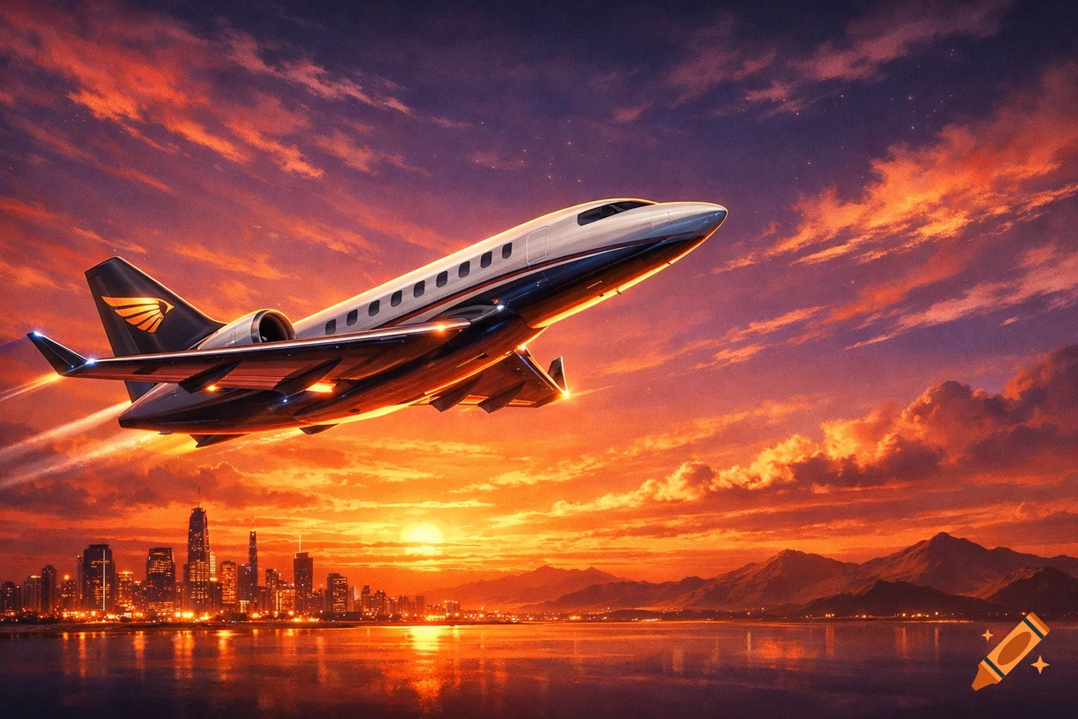 A sleek private jet flies over a luminous city skyline and water at a vibrant orange and purple sunset.