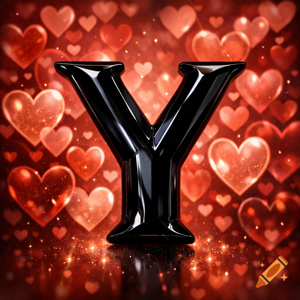 A shiny black 3D letter Y stands against a sparkling background of red and orange hearts.