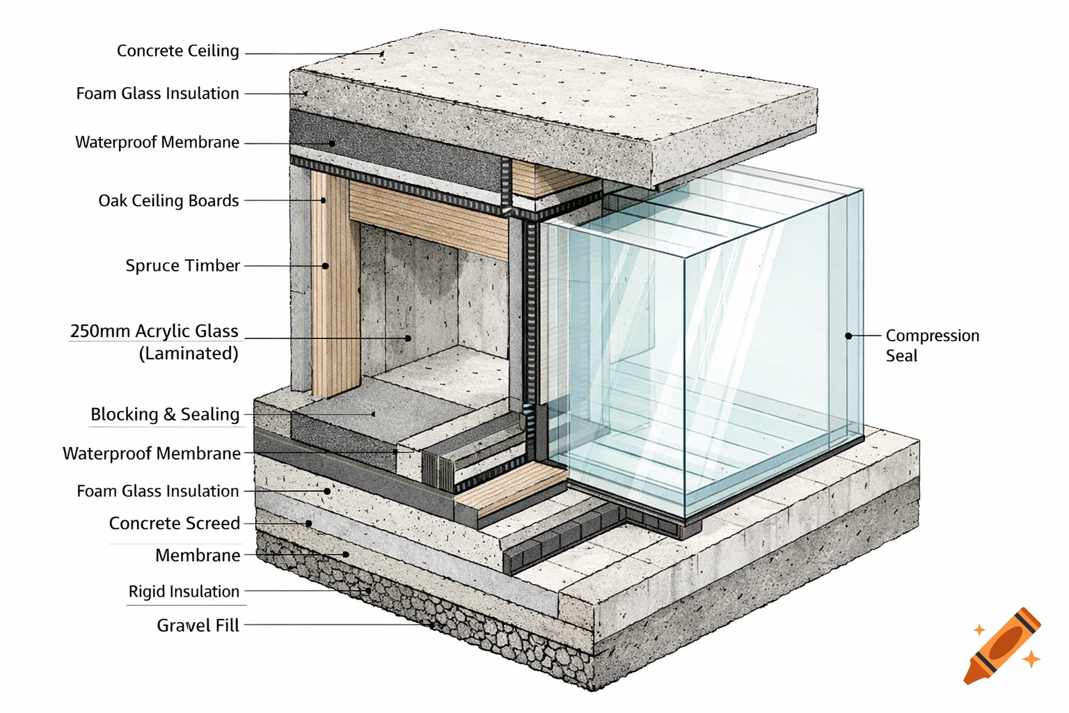 An isometric cutaway diagram illustrating the detailed construction of a building section, showing layers of concrete, insulation, timber, and glass with labels.