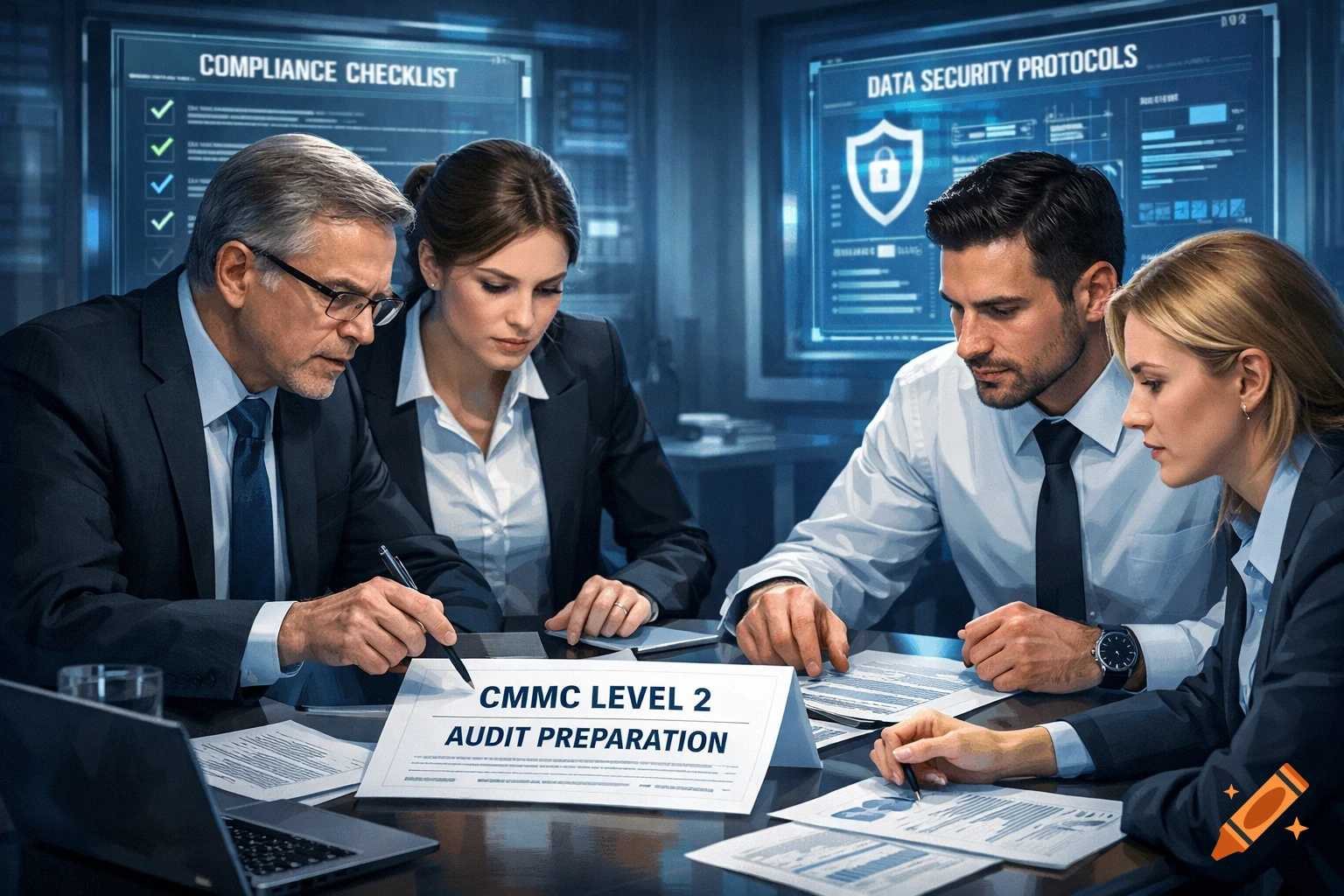 Four professionals review documents at a table, with digital screens displaying 'Compliance Checklist' and 'Data Security Protocols' in the background. Photorealistic style.