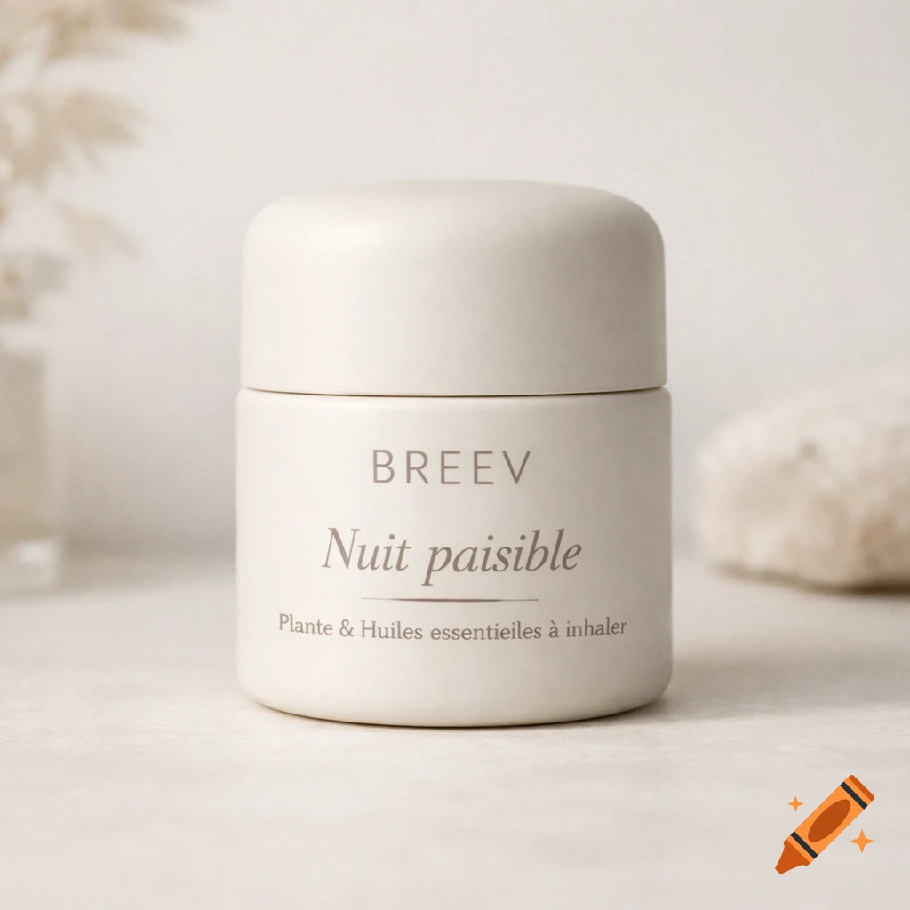 A minimalist, light beige inhaler jar by BREEV, labeled 'Nuit paisible' with 'Plante & Huiles essentielles à inhaler' in a clean product shot.