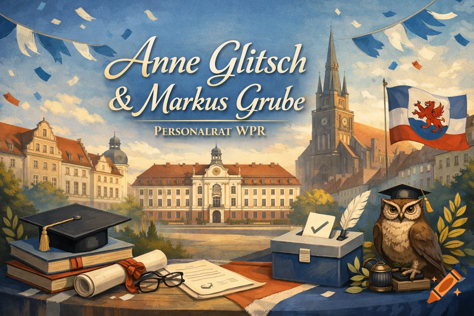 Illustration of a German city, text "Anne Glitsch & Markus Grube PERSONALRAT WPR", with a graduation cap, books, ballot box, and an owl wearing a graduation cap.