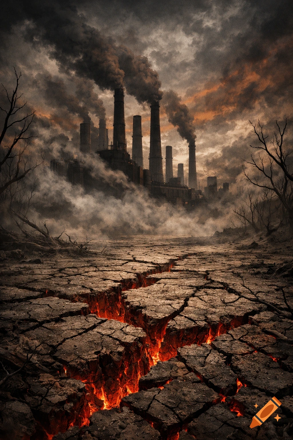Dystopian industrial landscape with smokestacks polluting an ominous sky over cracked, lava-filled earth, photorealistic.