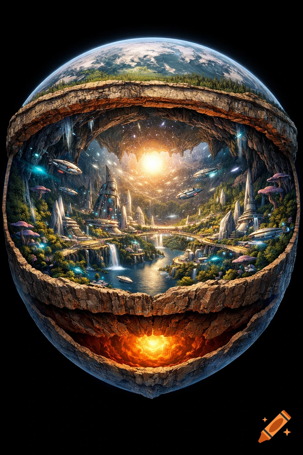 A detailed cross-section of Earth revealing a vibrant, futuristic city inside, complete with advanced buildings, waterfalls, and flying vehicles.