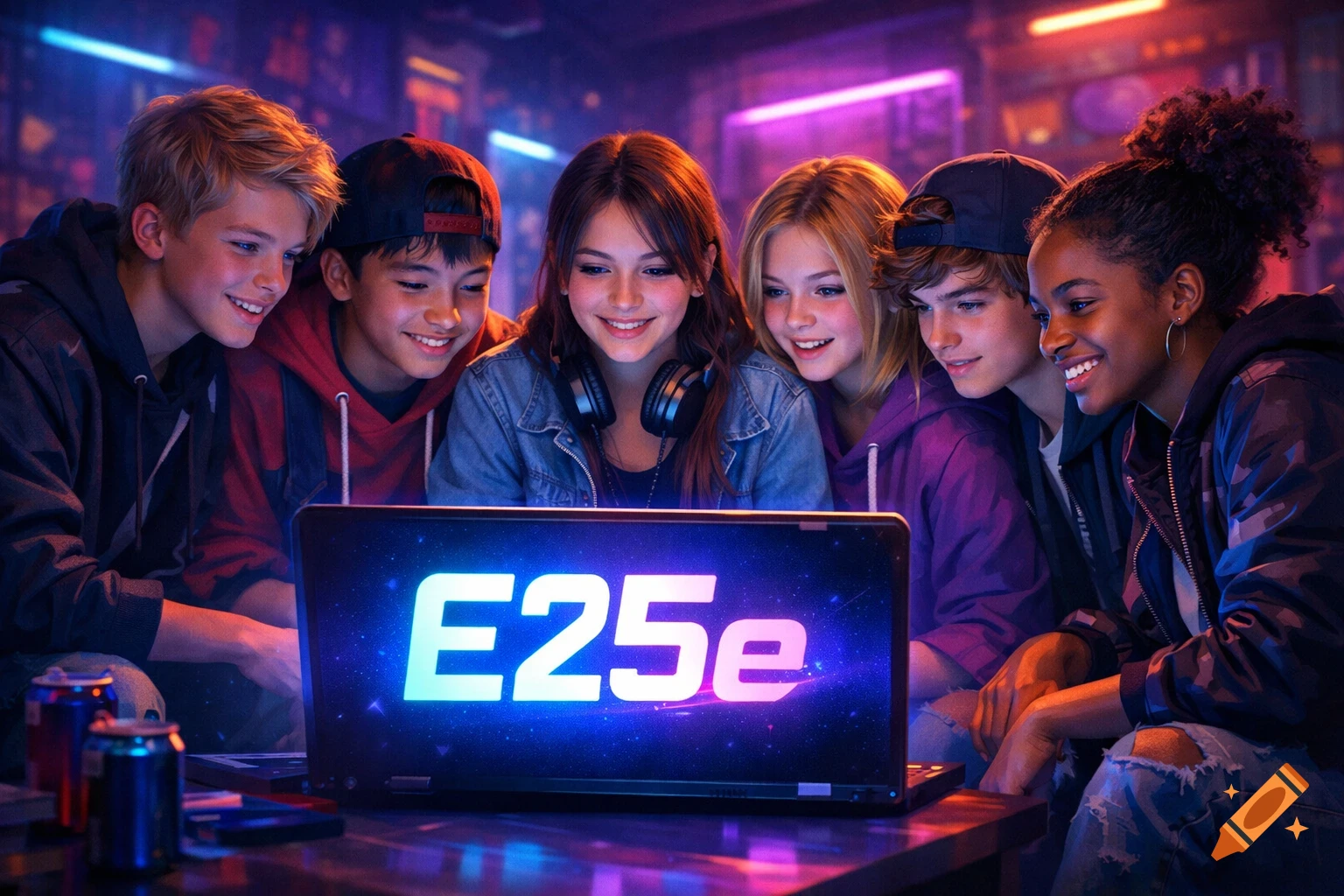 Diverse teenagers smile watching a laptop screen displaying 'E25e' in a neon-lit room, photorealistic.