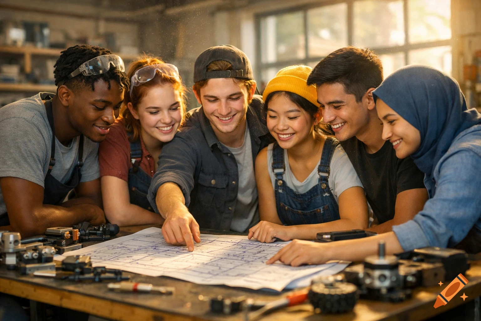 A diverse group of young people in a workshop smiling and pointing at a blueprint on a table.