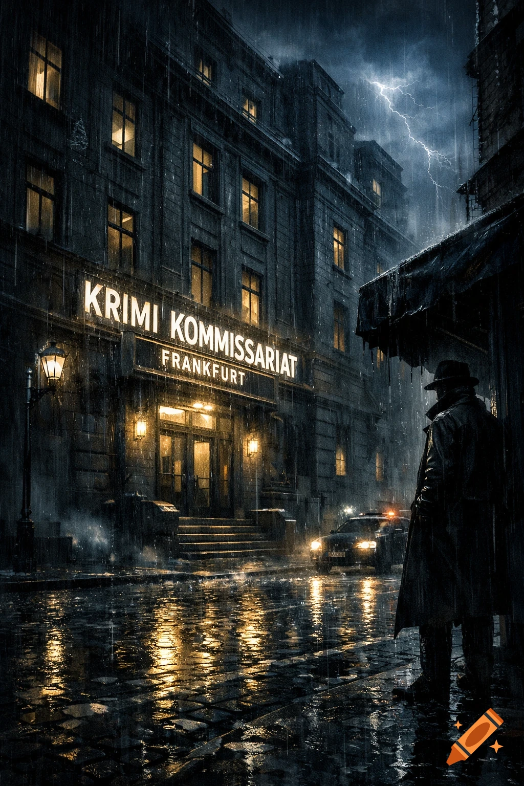 A dark, rainy night street scene in Frankfurt. An illuminated 'Krimi Kommissariat' building stands behind a detective figure and a police car, with lightning in the sky.