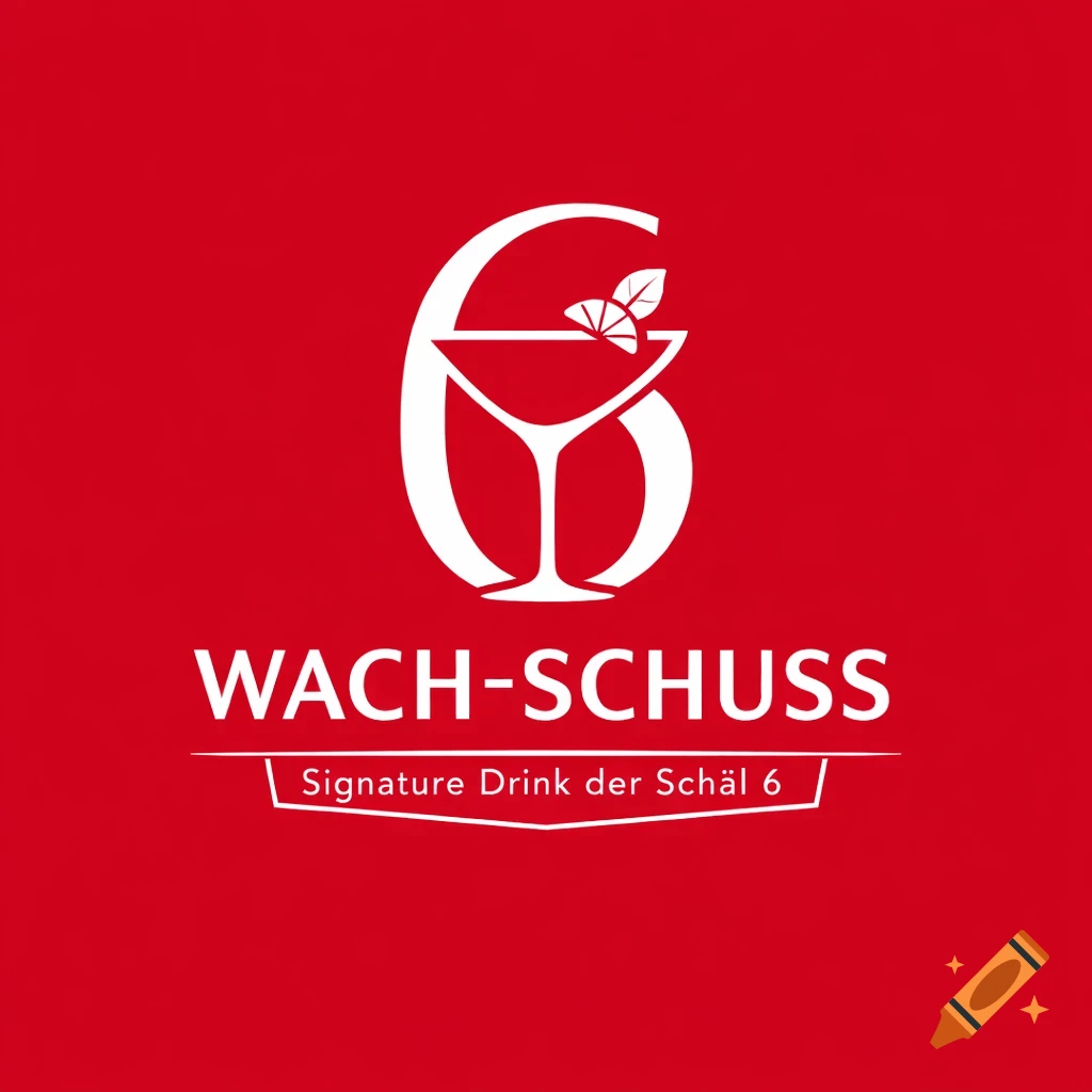 White logo on red background with a stylized number 6 integrated with a cocktail glass, text 'WACH-SCHUSS' and 'Signature Drink der Schäl 6'.