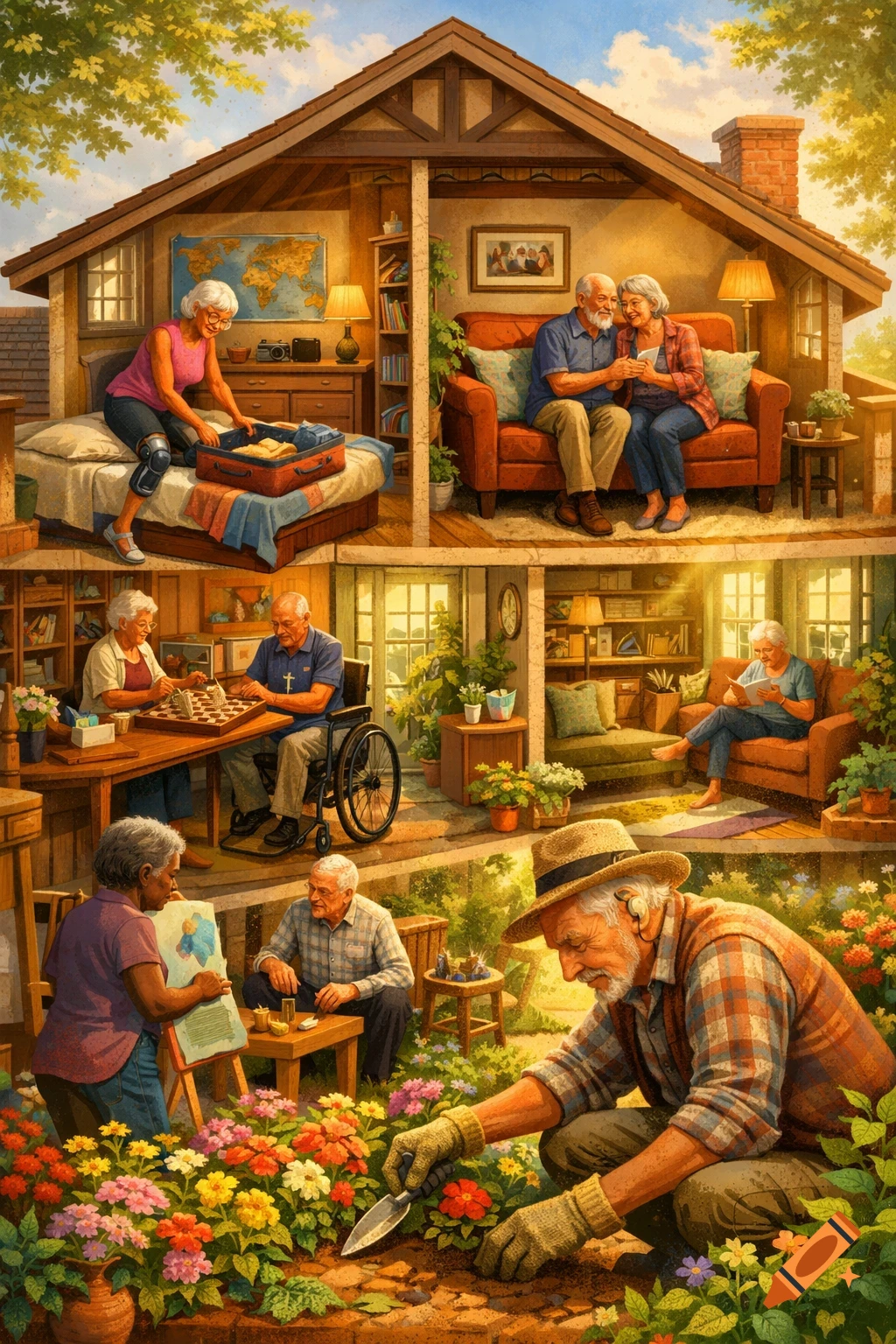 A detailed cutaway view of a house and garden, showing diverse elderly people engaged in various activities like packing, relaxing, playing chess, reading, painting, and gardening.