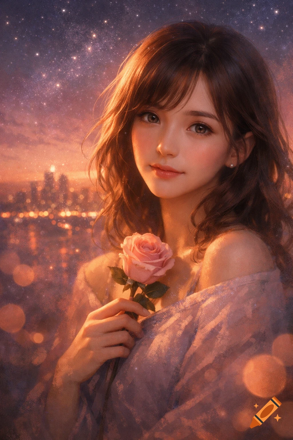 A beautiful woman with brown hair holds a pink rose against a glowing city and starry night sky backdrop.