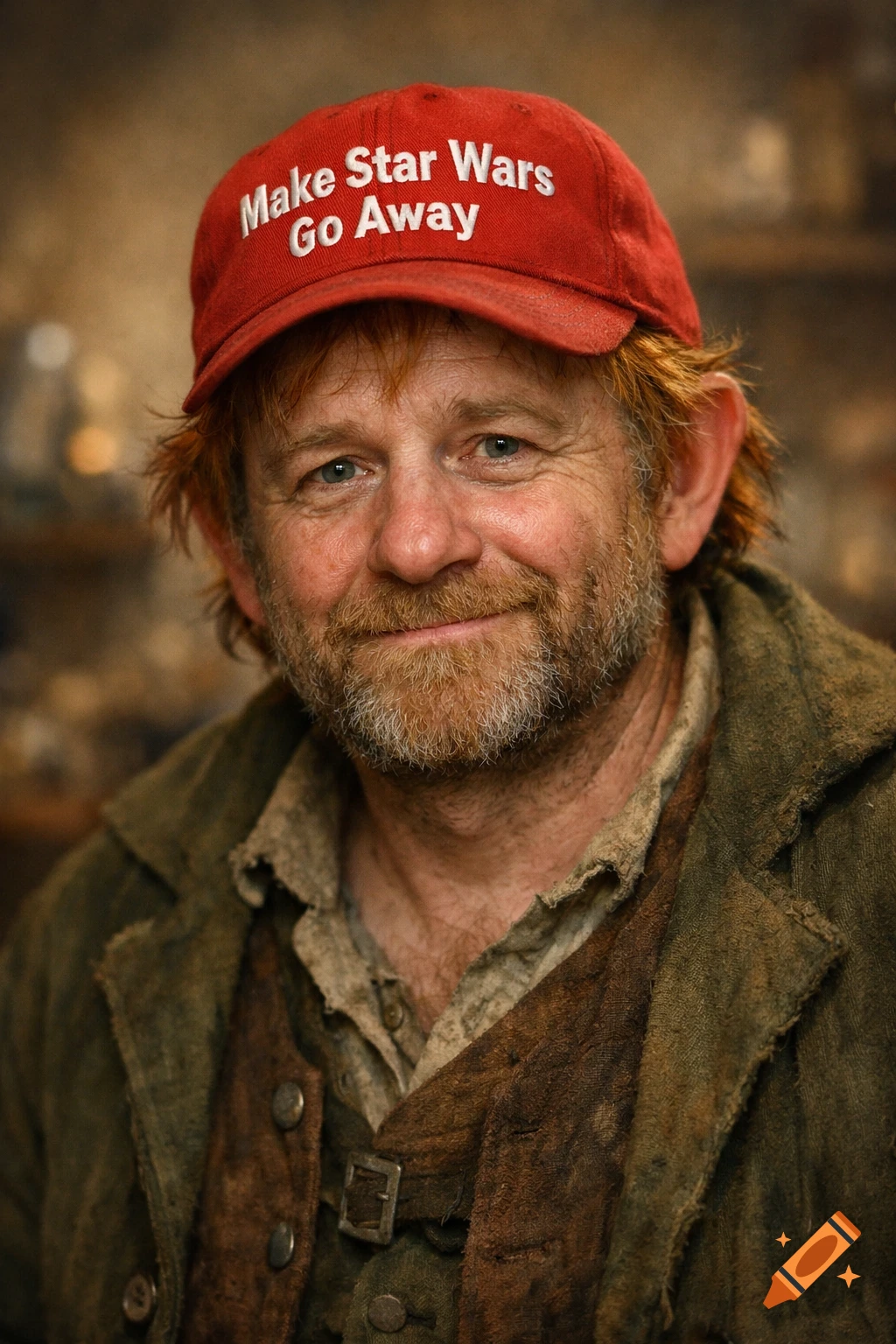 A smiling ginger man with a short beard and disheveled hair wears a red cap with 'Make Star Wars Go Away' in white letters, photorealistic.