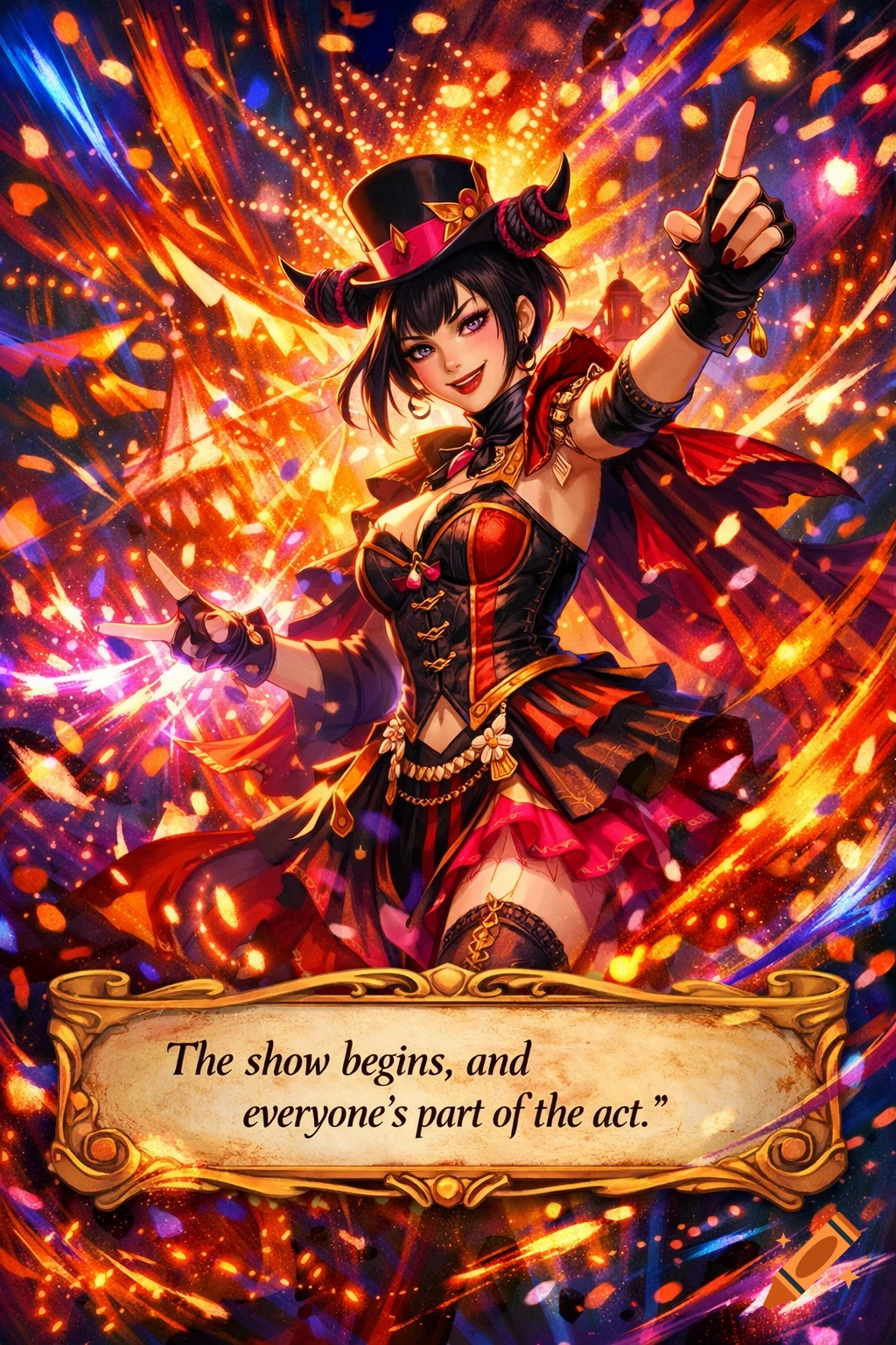 Vibrant anime-style magician with a top hat and horns, posing amidst sparkling magical effects, with a quote in a decorative frame.