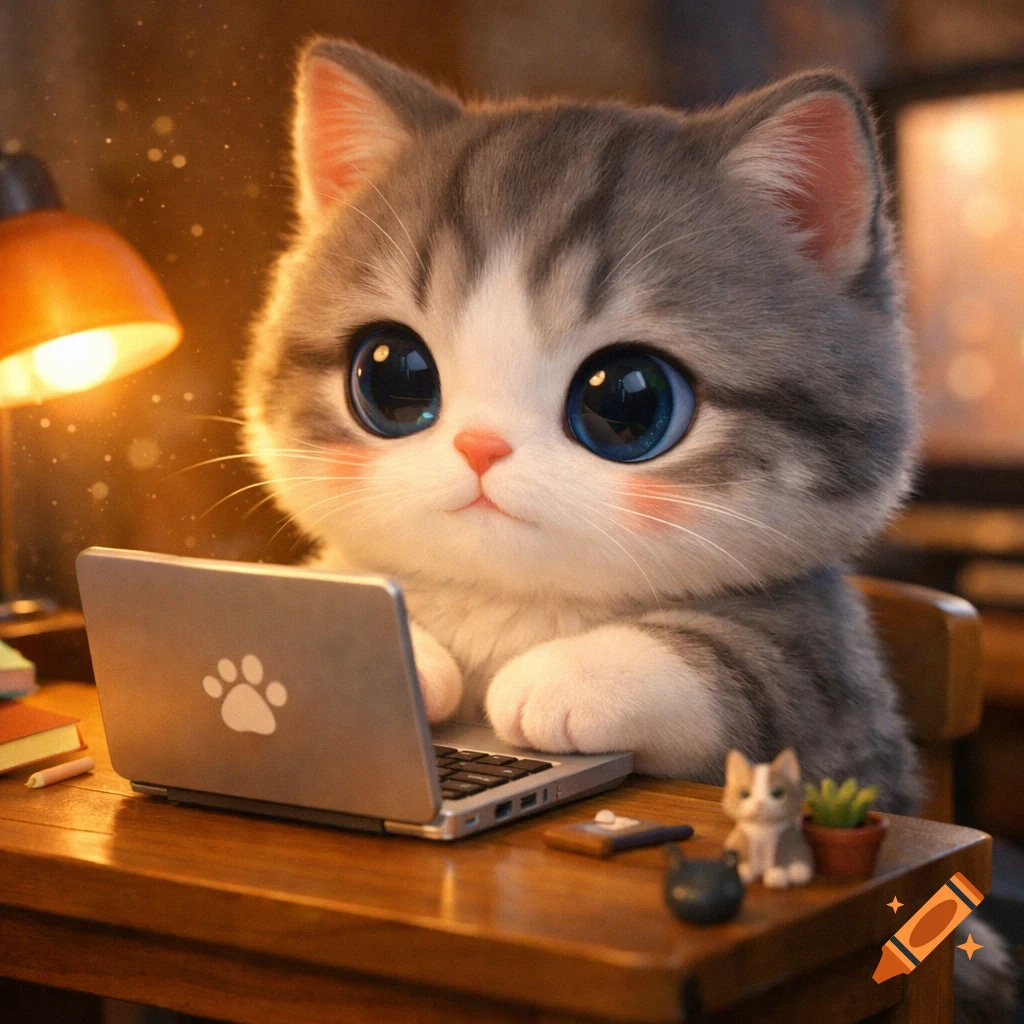 A cute Pixar-style 3D animated gray-and-white kitten with big blue eyes sits at a desk, looking at a small laptop with a paw logo.
