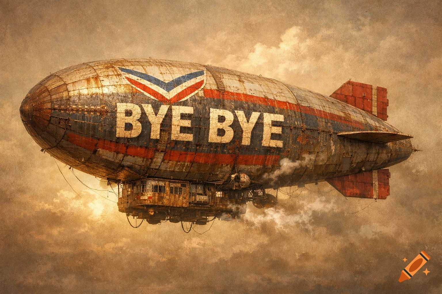 A rusty, retro-style Zeppelin with 'BYE BYE' written on its side, flying through a cloudy, sepia-toned sky.