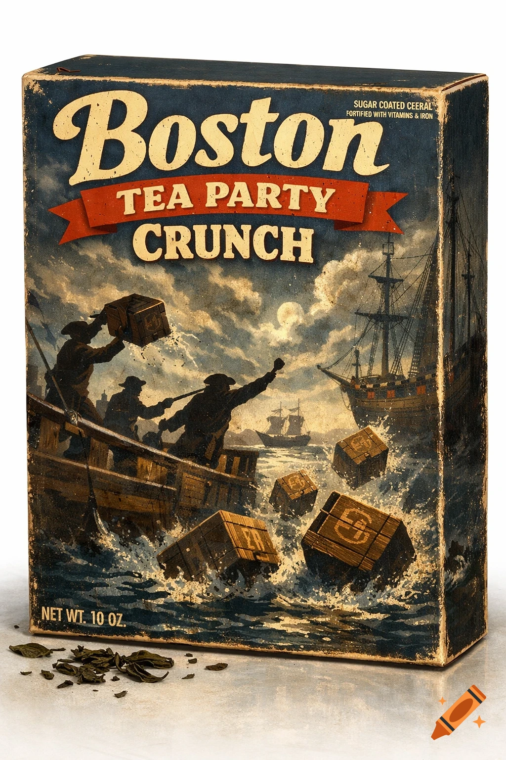 Vintage cereal box for "Boston Tea Party Crunch" featuring an illustration of colonists dumping tea into a stormy sea with ships in the background.