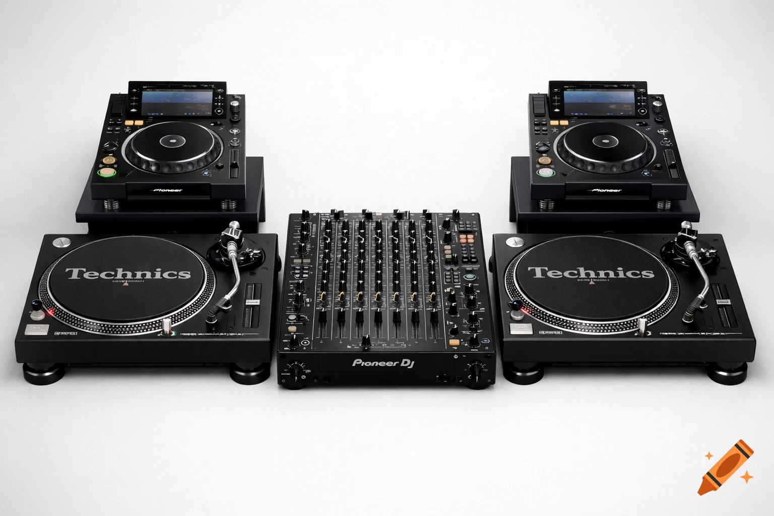 A professional DJ setup featuring two Pioneer CDJ-3000 players, two Technics SL-1210 MK5G turntables, and a Pioneer DJM-V10 mixer.
