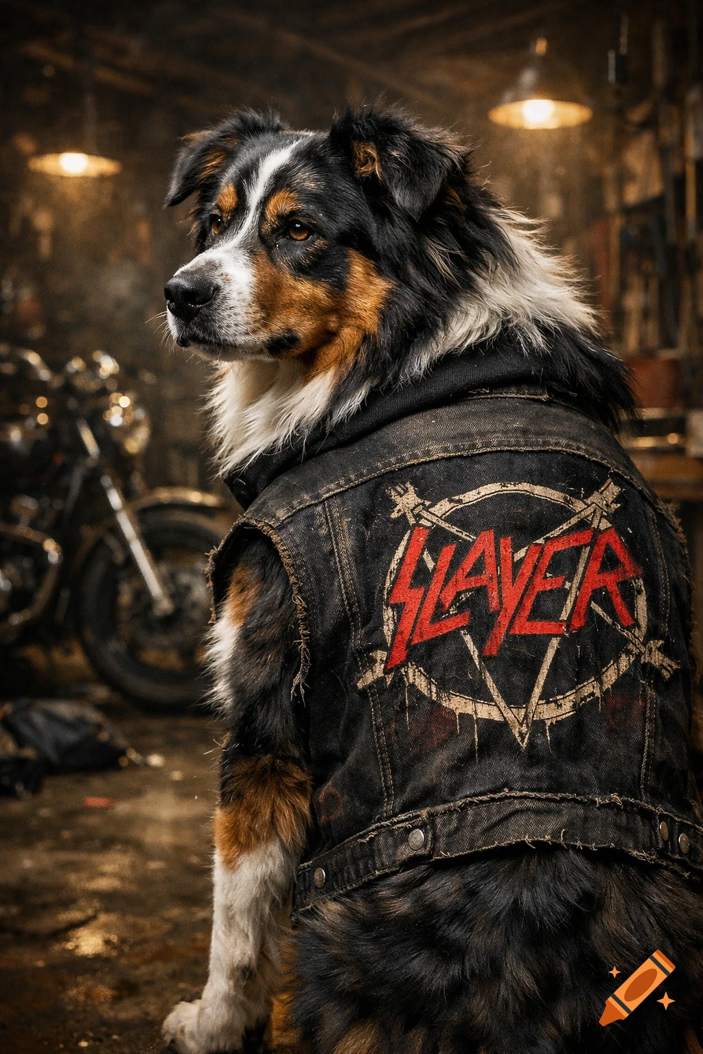 Photorealistic Australian shepherd wearing a black denim heavy metal battle vest with a red Slayer patch, looking serious in a garage with a motorcycle.