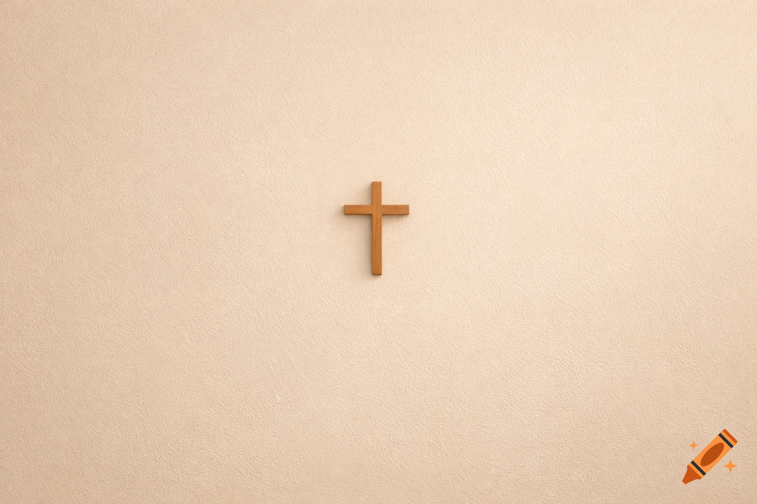 A small wooden crucifix centered on a soft warm beige wall with subtle texture in a minimalist style.