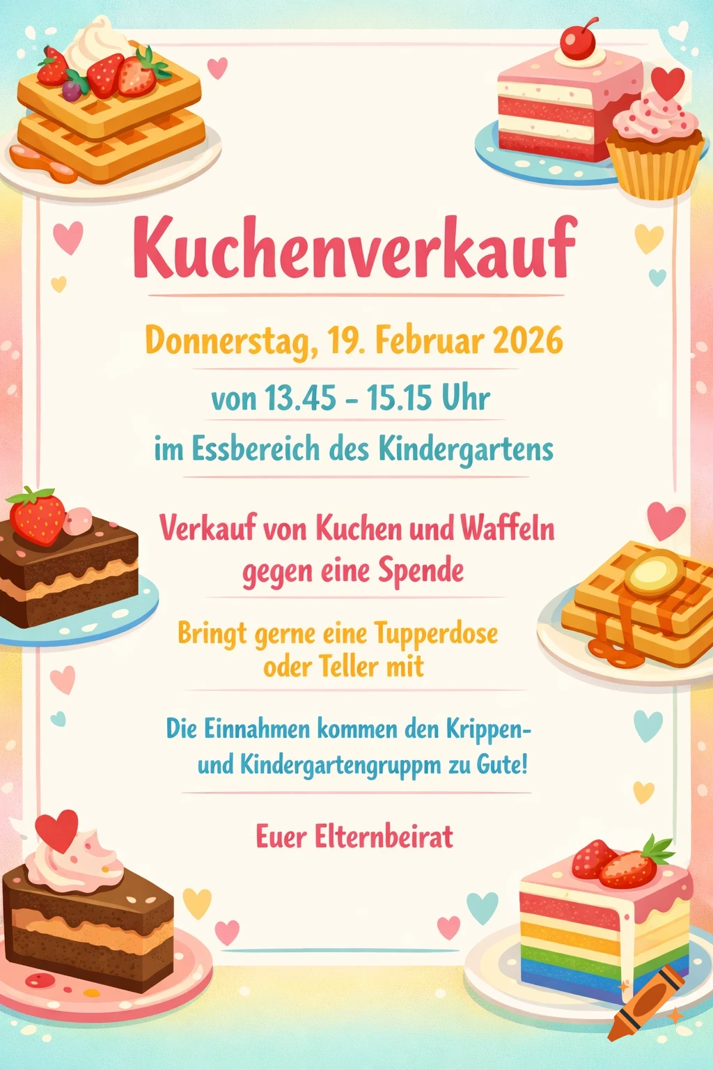 A friendly, bright poster for a cake sale, featuring illustrations of waffles and colorful cakes in a modern flat-design style around the border. The central text advertises the event details.