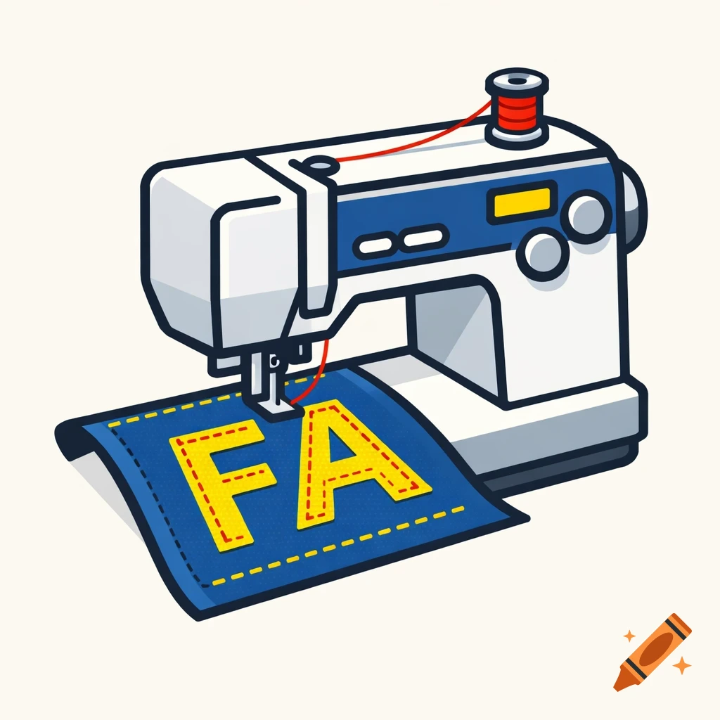 A pictogram illustration of a white and blue sewing machine stitching the letters 'FA' in yellow onto a piece of blue fabric.