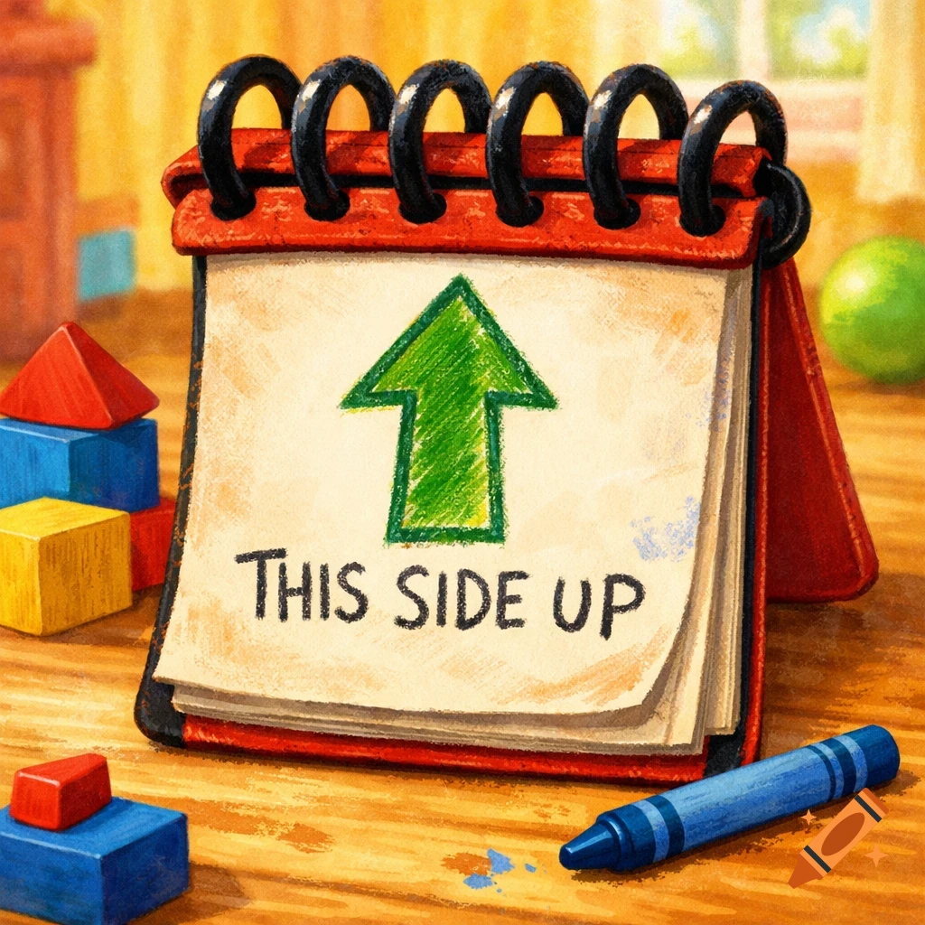 An illustration of a red spiral notebook with "THIS SIDE UP" and a green arrow drawn on it, surrounded by colorful building blocks and a blue crayon.