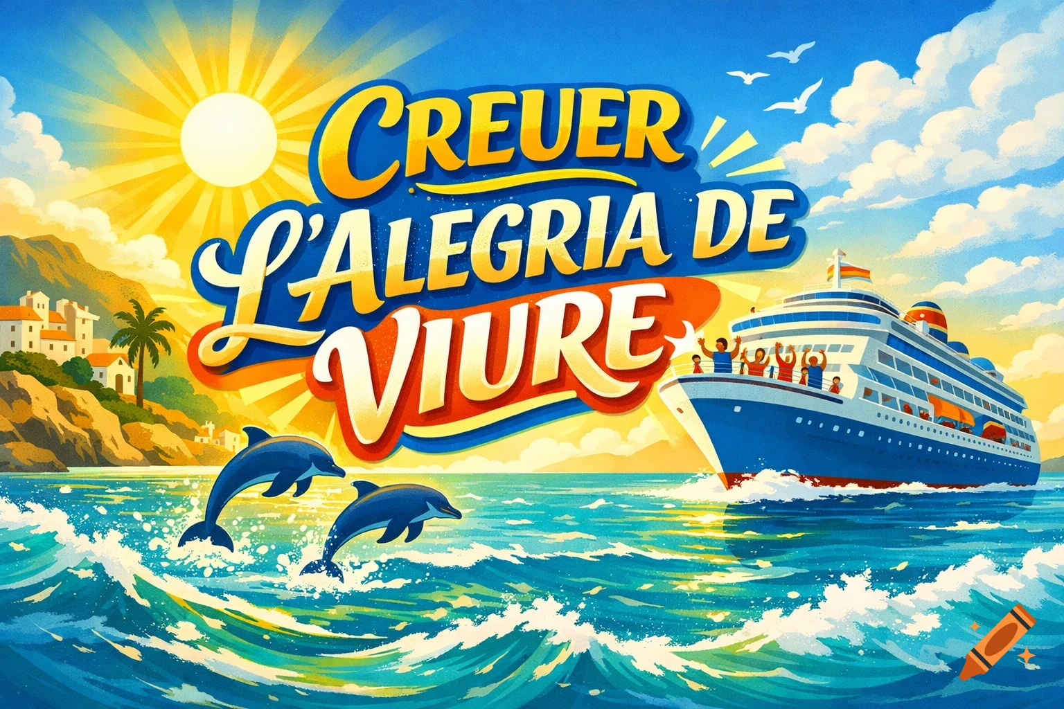 Colorful travel poster of a cruise ship, dolphins, and a sunny island, with text 'CREUER L'ALEGRIA DE VIURE'.