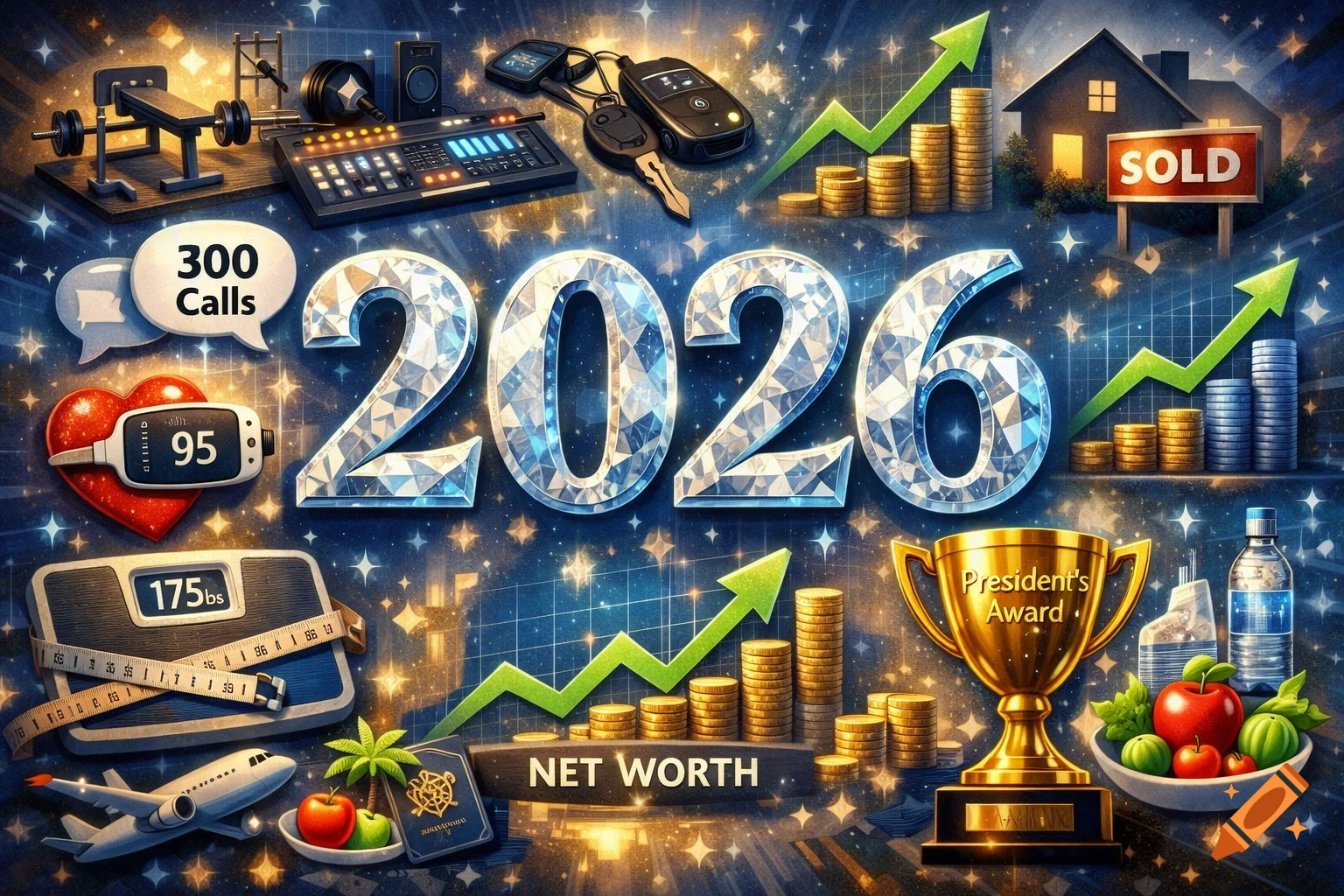 A vibrant collage of goals for 2026, featuring diamond-encrusted '2026' numerals, fitness equipment, stacks of coins, a 'SOLD' house, a trophy, and travel items.