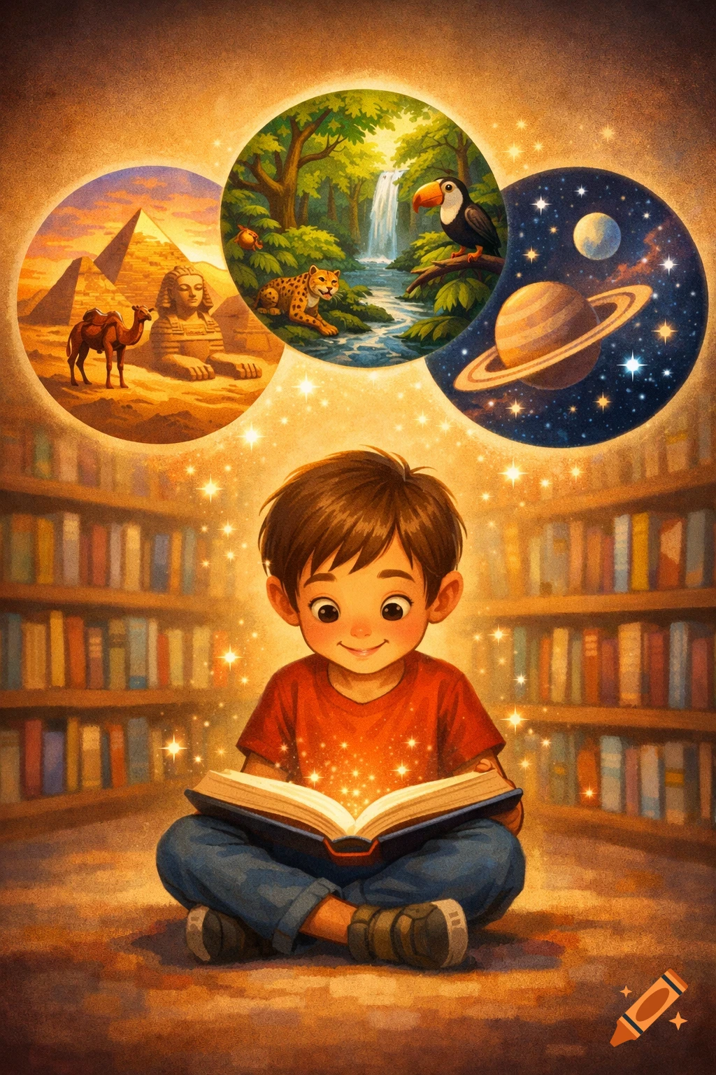 Cute child reads a magical book in a library, with visions of pyramids, rainforest, and planets appearing above.