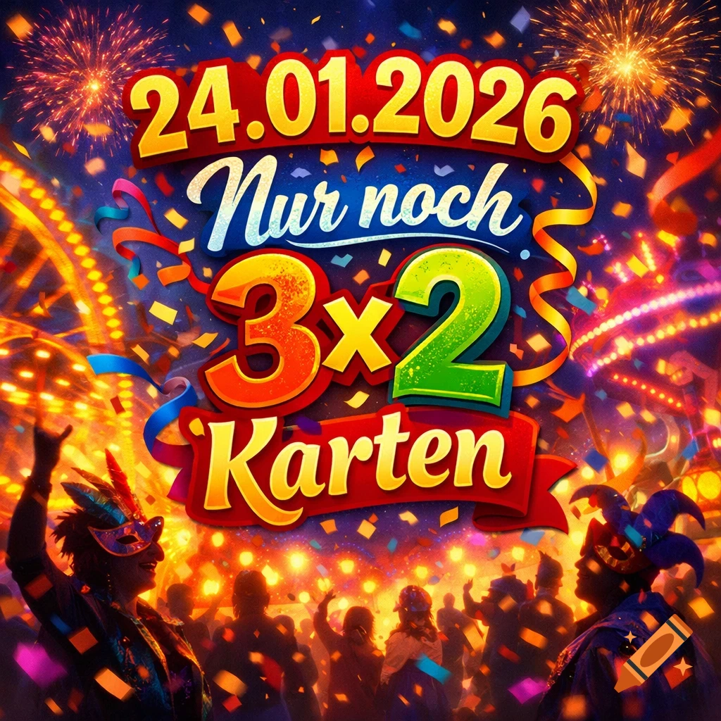 A vibrant carnival scene with fireworks, confetti, and people celebrating, overlaid with text '24.01.2026 Nur noch 3x2 Karten'.