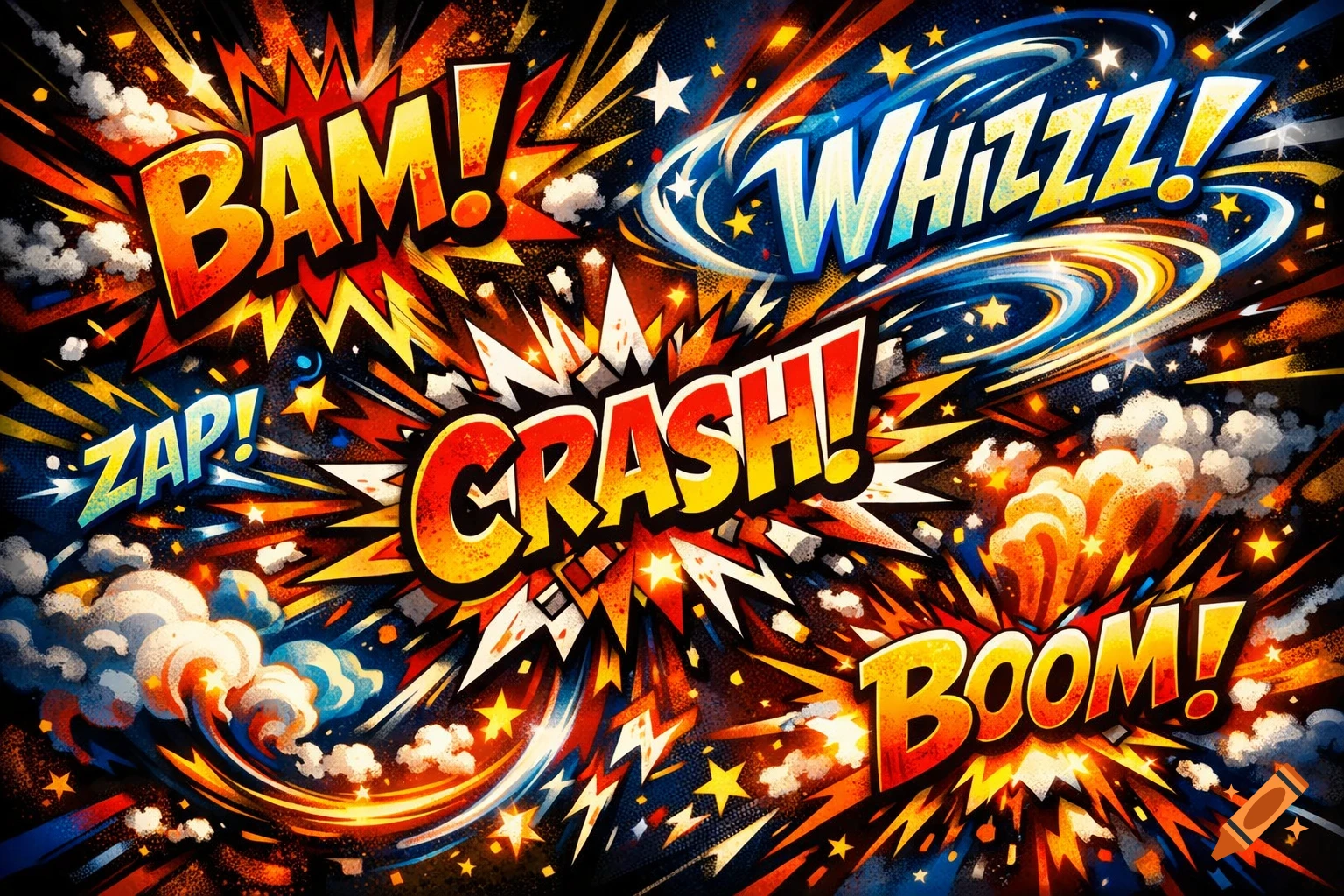Vibrant comic book explosion featuring onomatopoeic text like BAM!, WHIZZZ!, CRASH!, ZAP!, and BOOM! on a dark background.