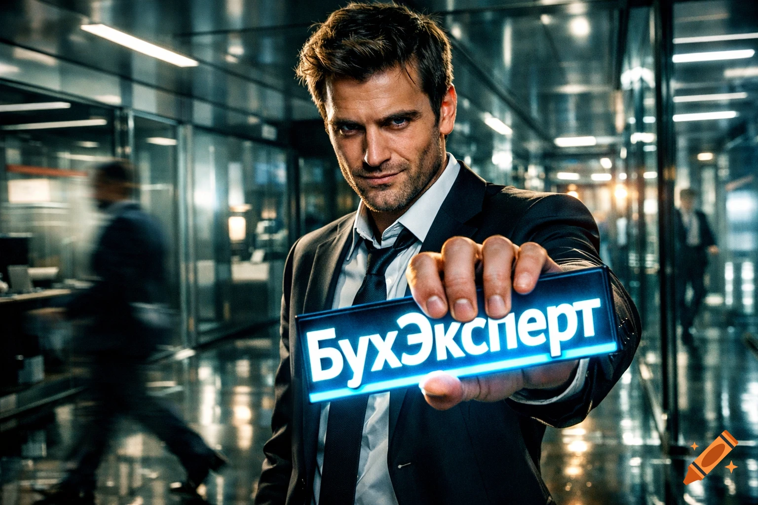 Hyperrealistic cinematic shot of a cynical man in a suit in a modern office, holding a glowing 'БухЭксперт' sign.