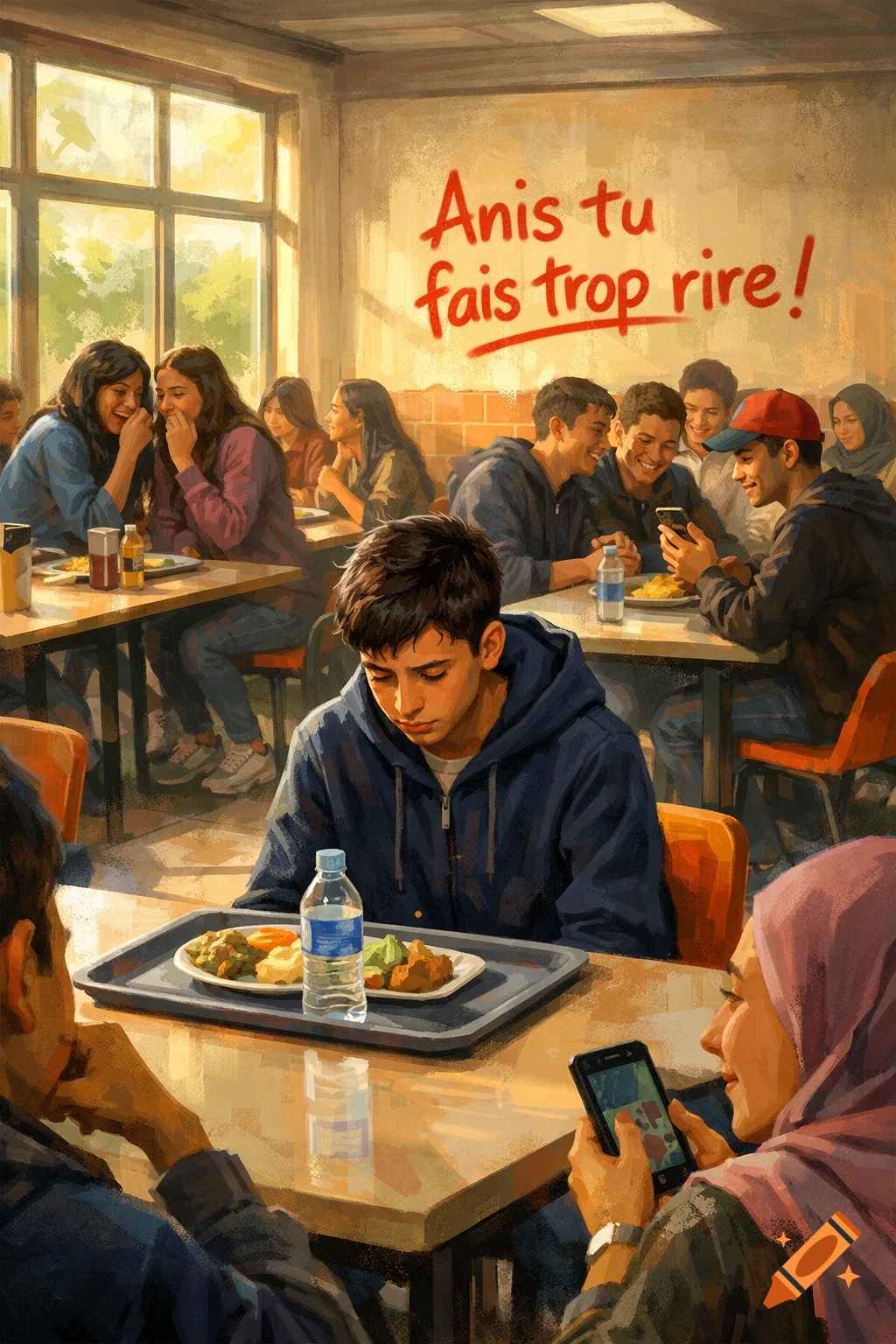 A sad boy named Anis sits alone with his meal in a bustling school cafeteria, while other students laugh and whisper around him. The wall behind has "Anis tu fais trop rire!" painted on it. Semi-realistic illustration.