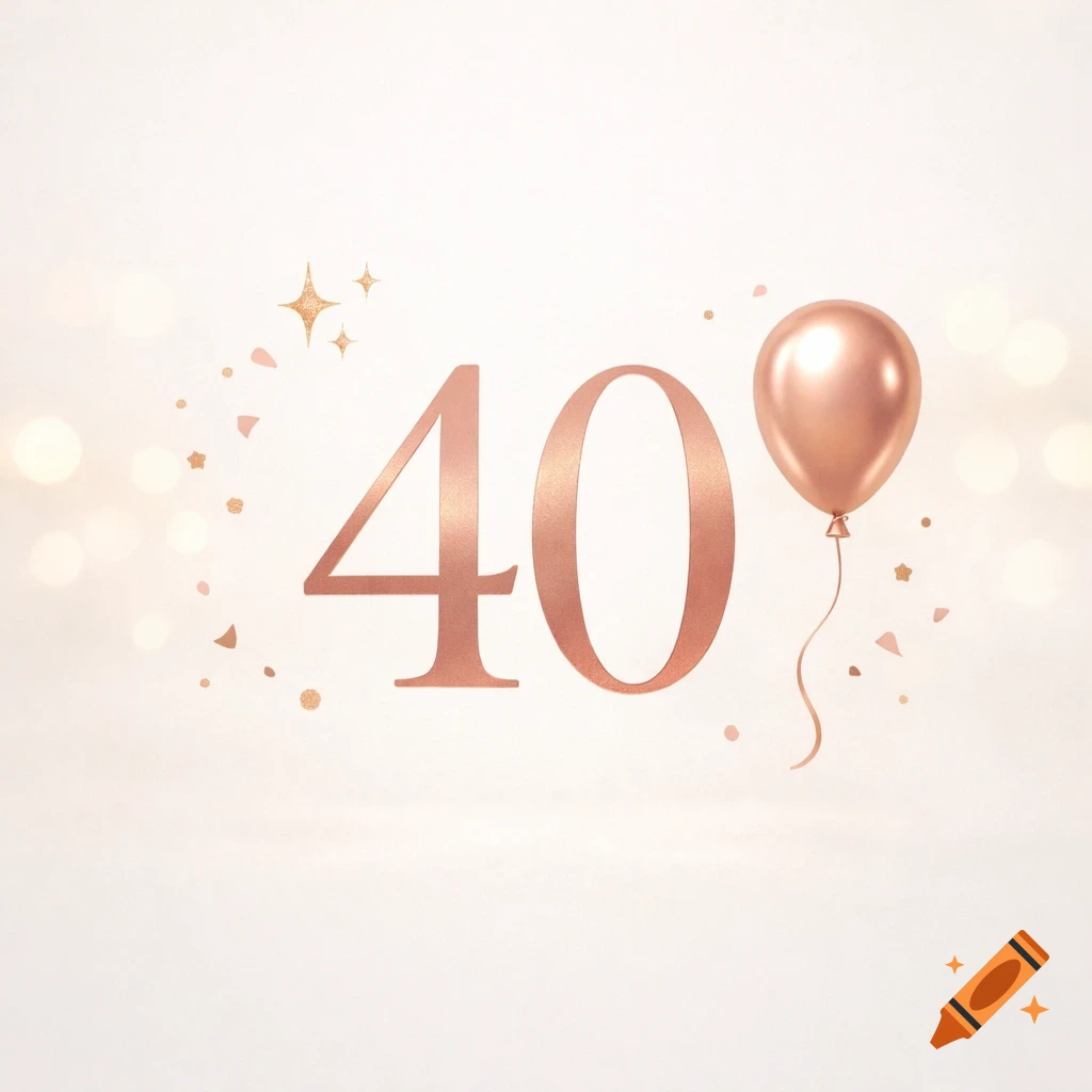 Rose gold number 40 with a matching balloon and glitter on a light background, celebrating a 40th birthday.