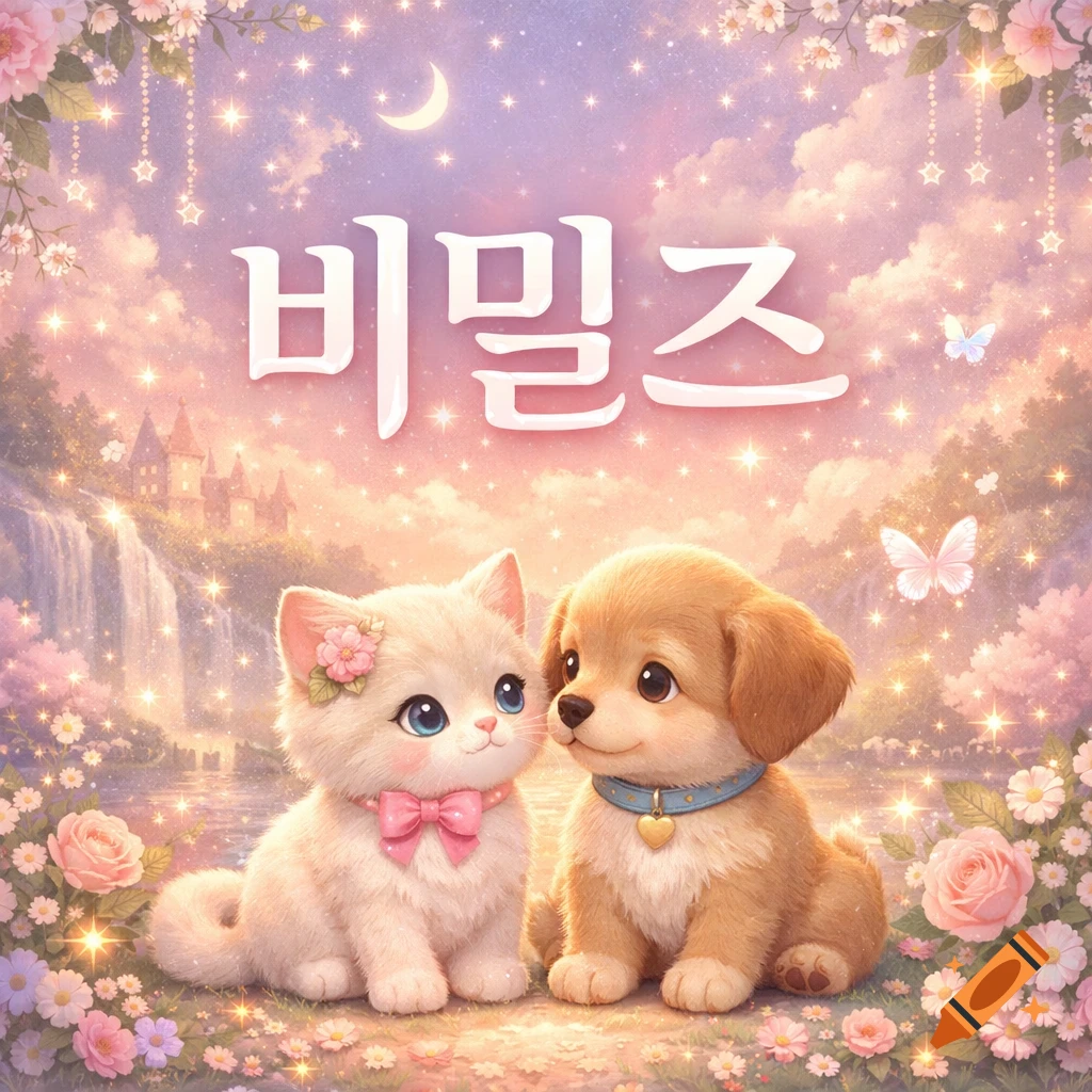 Cute digital art of a kitten and puppy in a magical pastel landscape with flowers, a castle, and Korean text '비밀즈'.