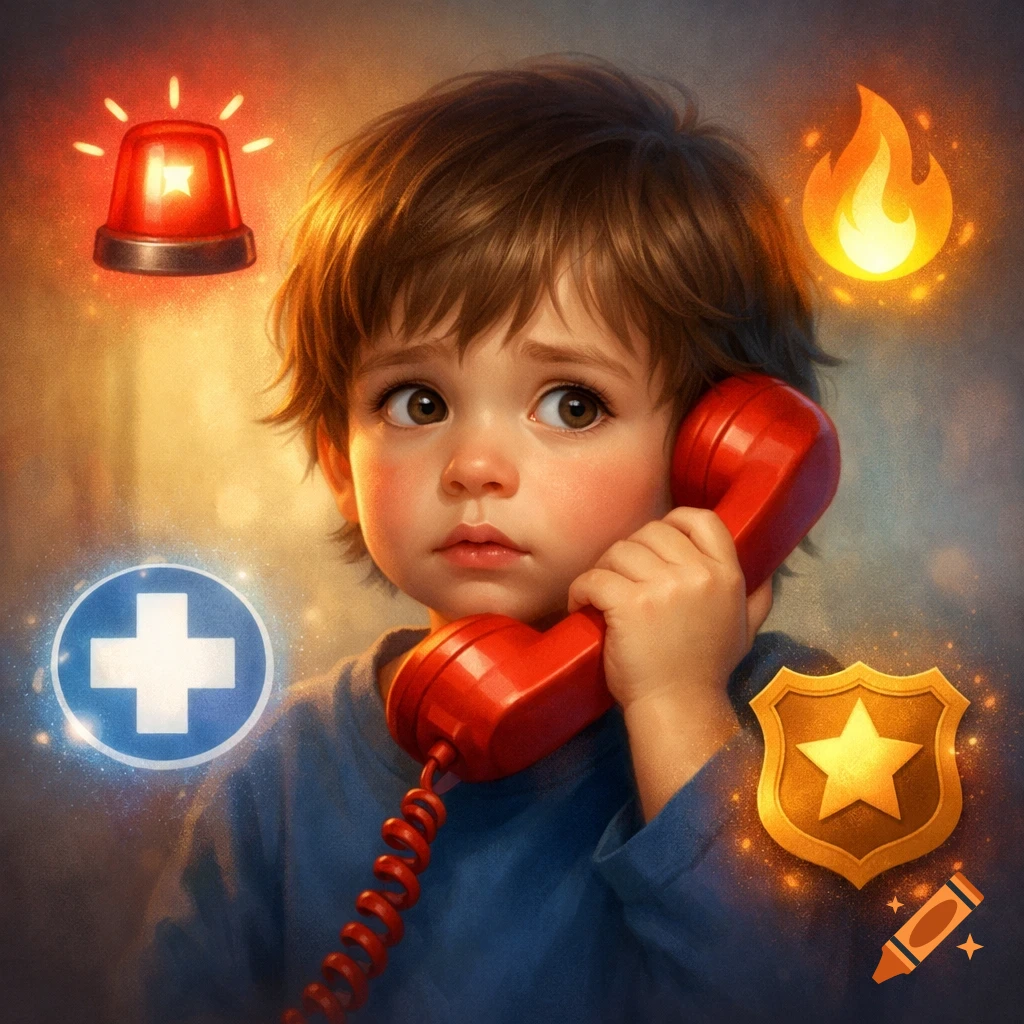 A wide-eyed child holding a red telephone, surrounded by glowing icons representing emergency services: a flashing light, fire, medical cross, and police badge.